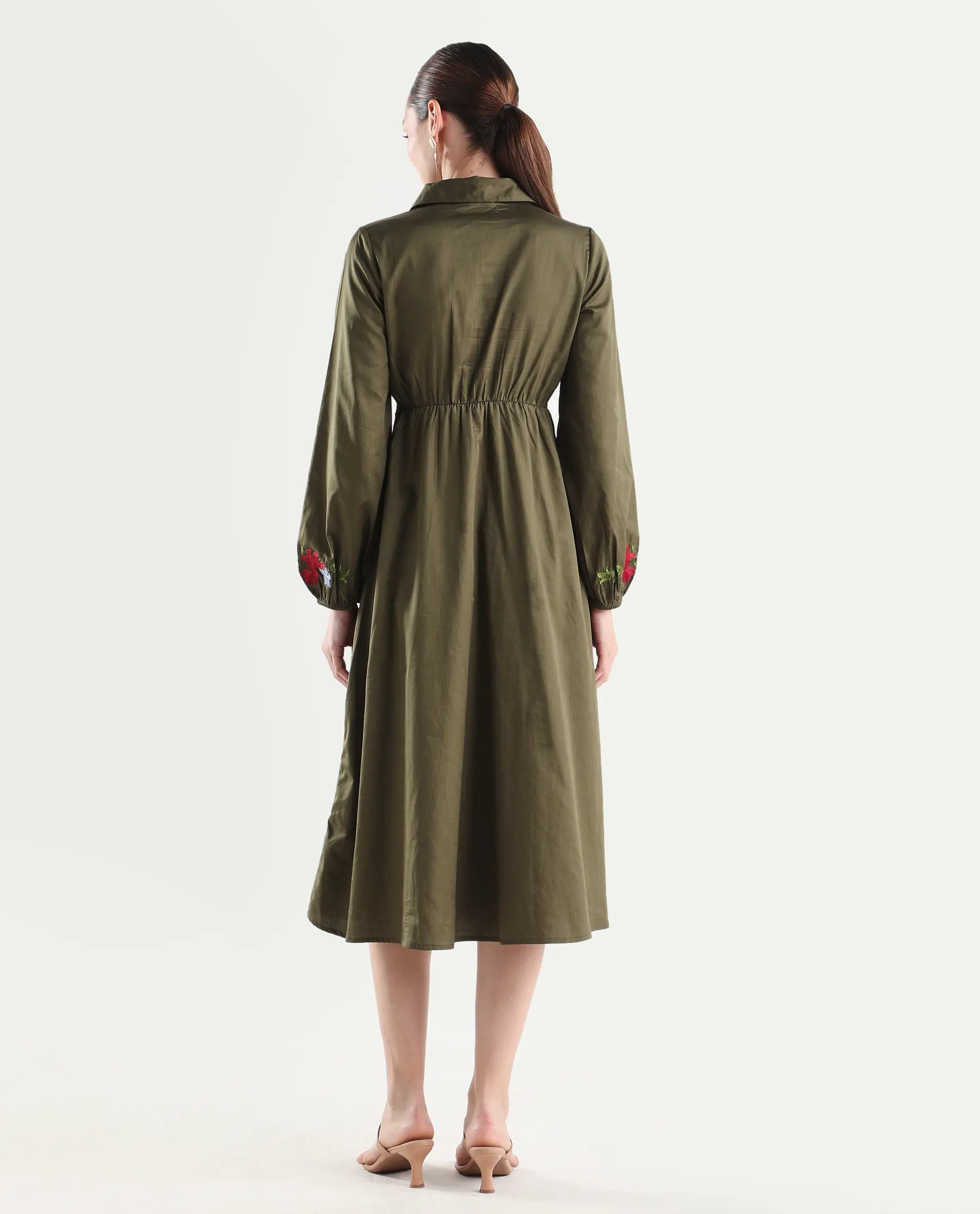 Rareism Women's Avaci Olive Cotton Full Sleeve Fit And Flare Plain Dress - Image 8
