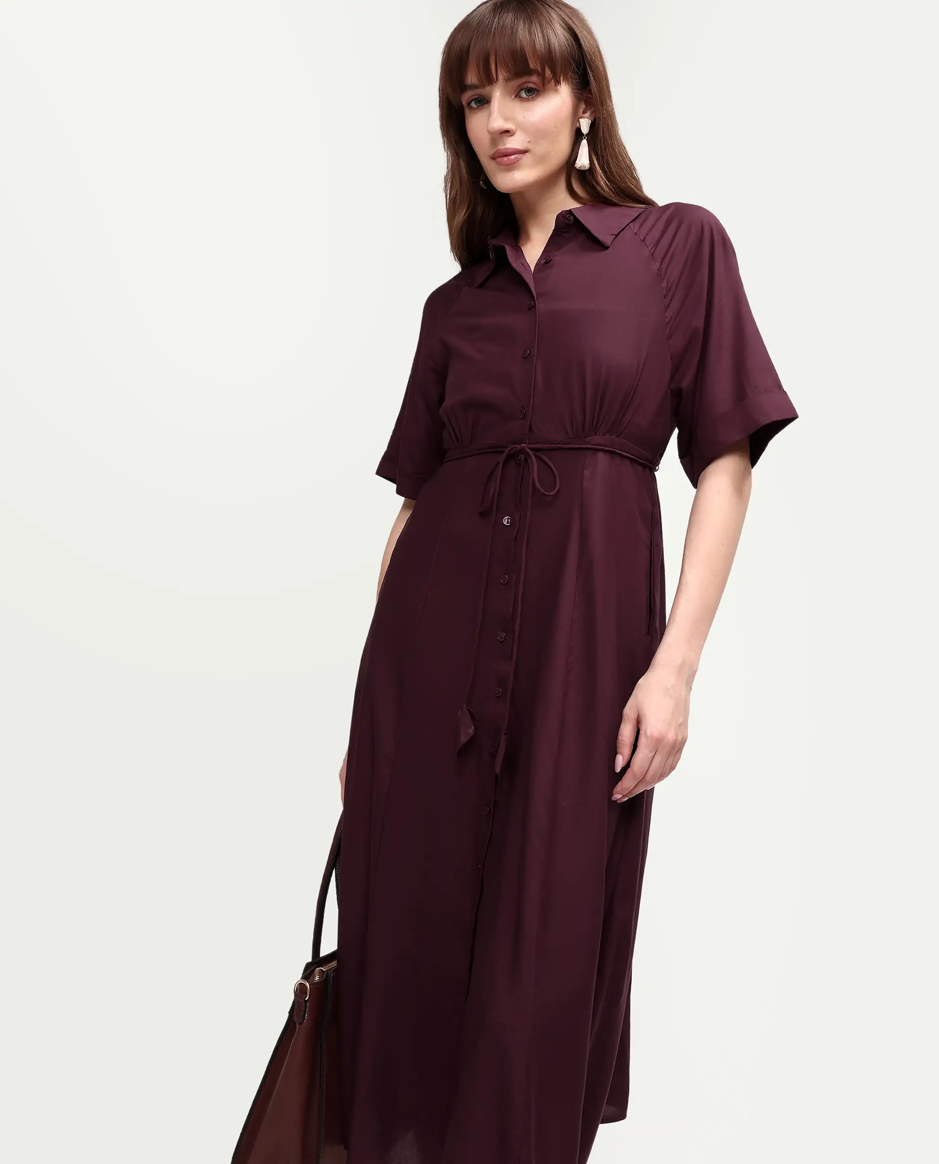 Rareism Women's Avaco Maroon Viscose Half Sleeve A-Line Plain Dress - Image 2