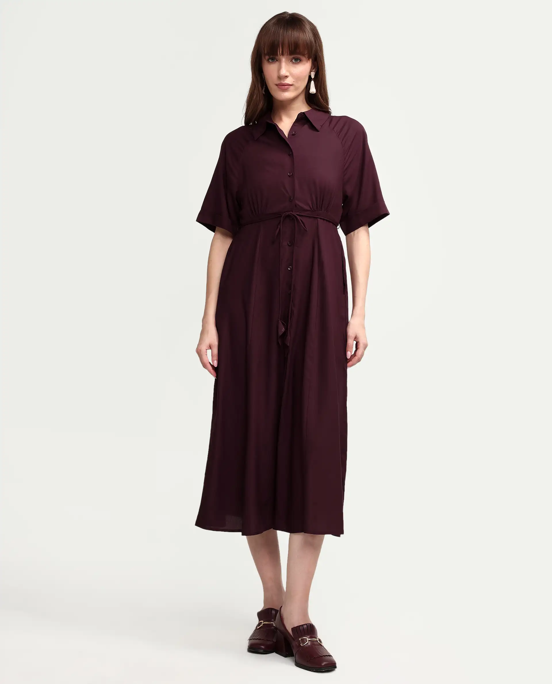 Rareism Women's Avaco Maroon Viscose Half Sleeve A-Line Plain Dress - Image 3