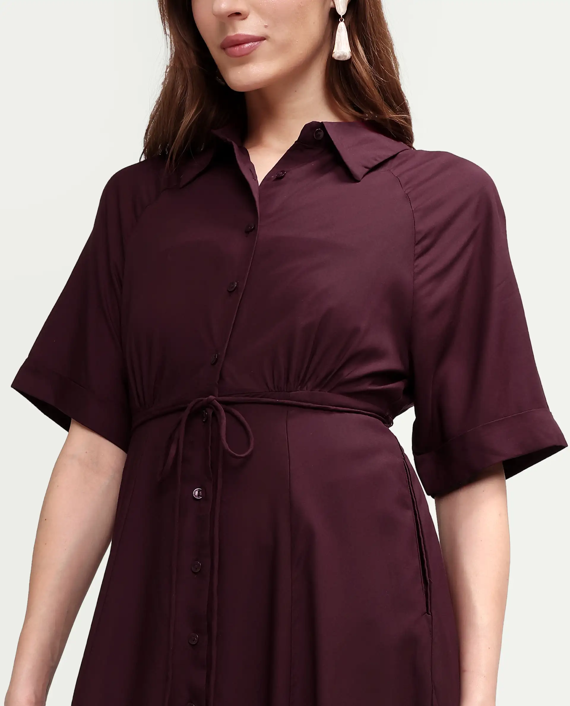 Rareism Women's Avaco Maroon Viscose Half Sleeve A-Line Plain Dress - Image 4