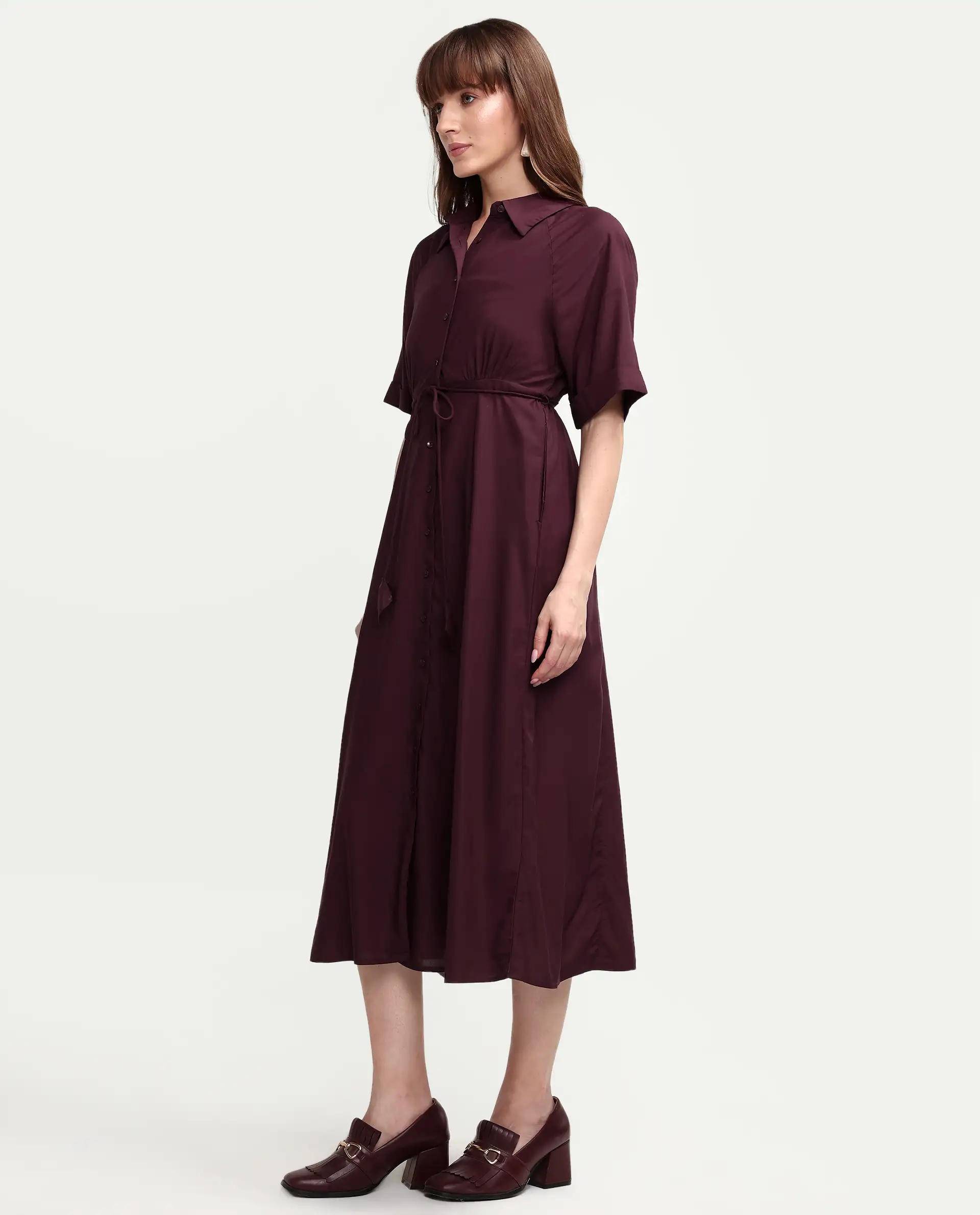 Rareism Women's Avaco Maroon Viscose Half Sleeve A-Line Plain Dress - Image 5