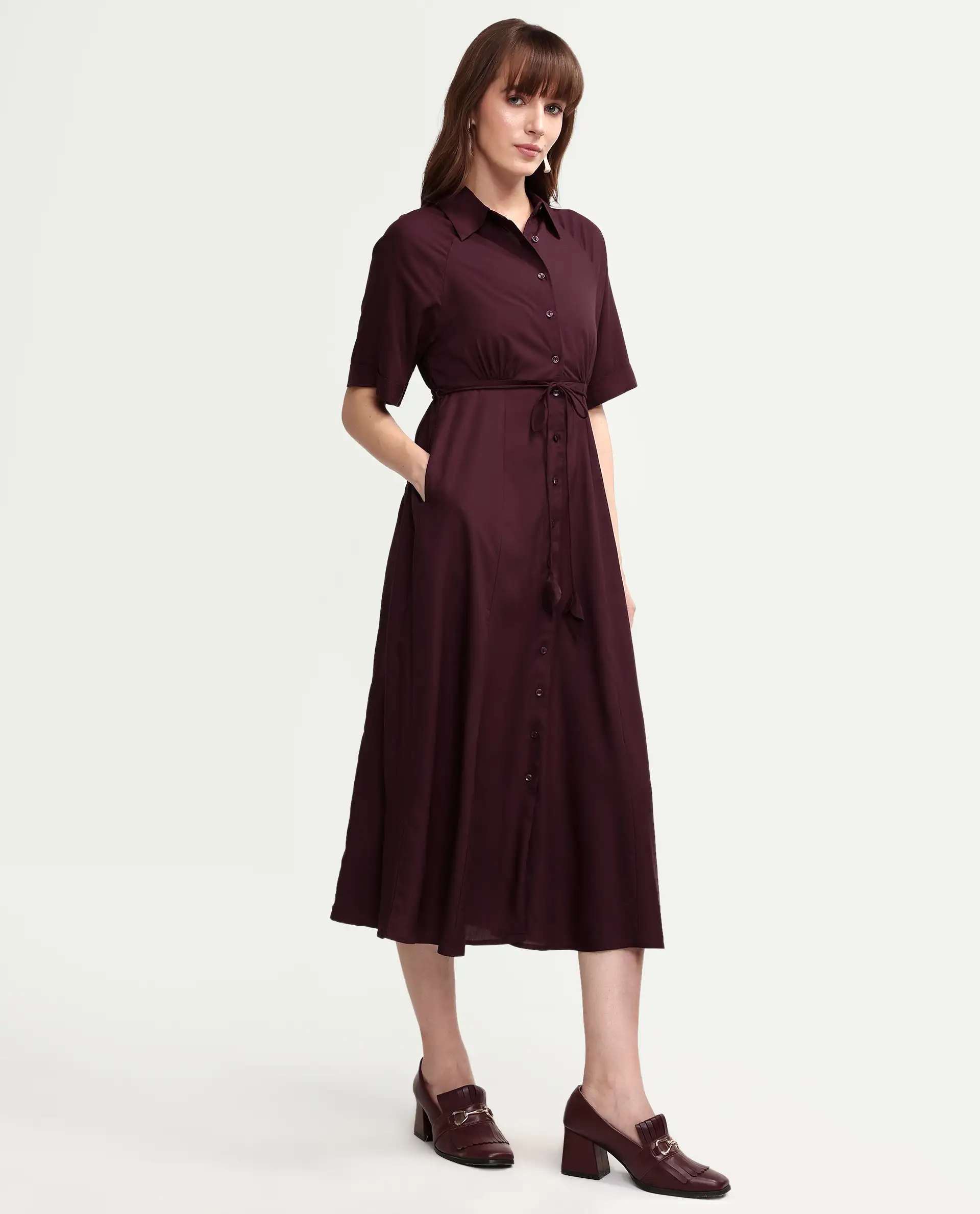 Rareism Women's Avaco Maroon Viscose Half Sleeve A-Line Plain Dress - Image 6