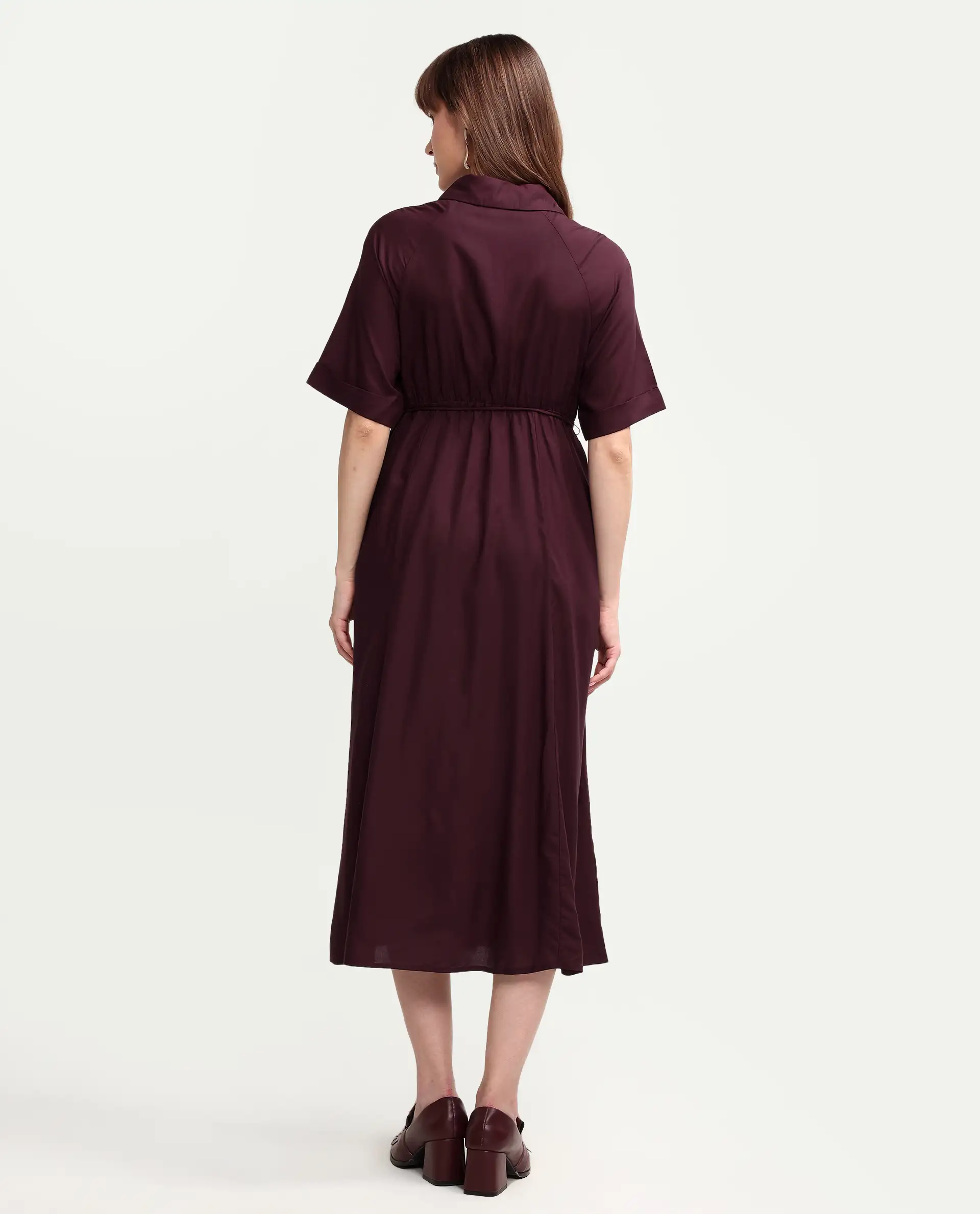 Rareism Women's Avaco Maroon Viscose Half Sleeve A-Line Plain Dress - Image 7