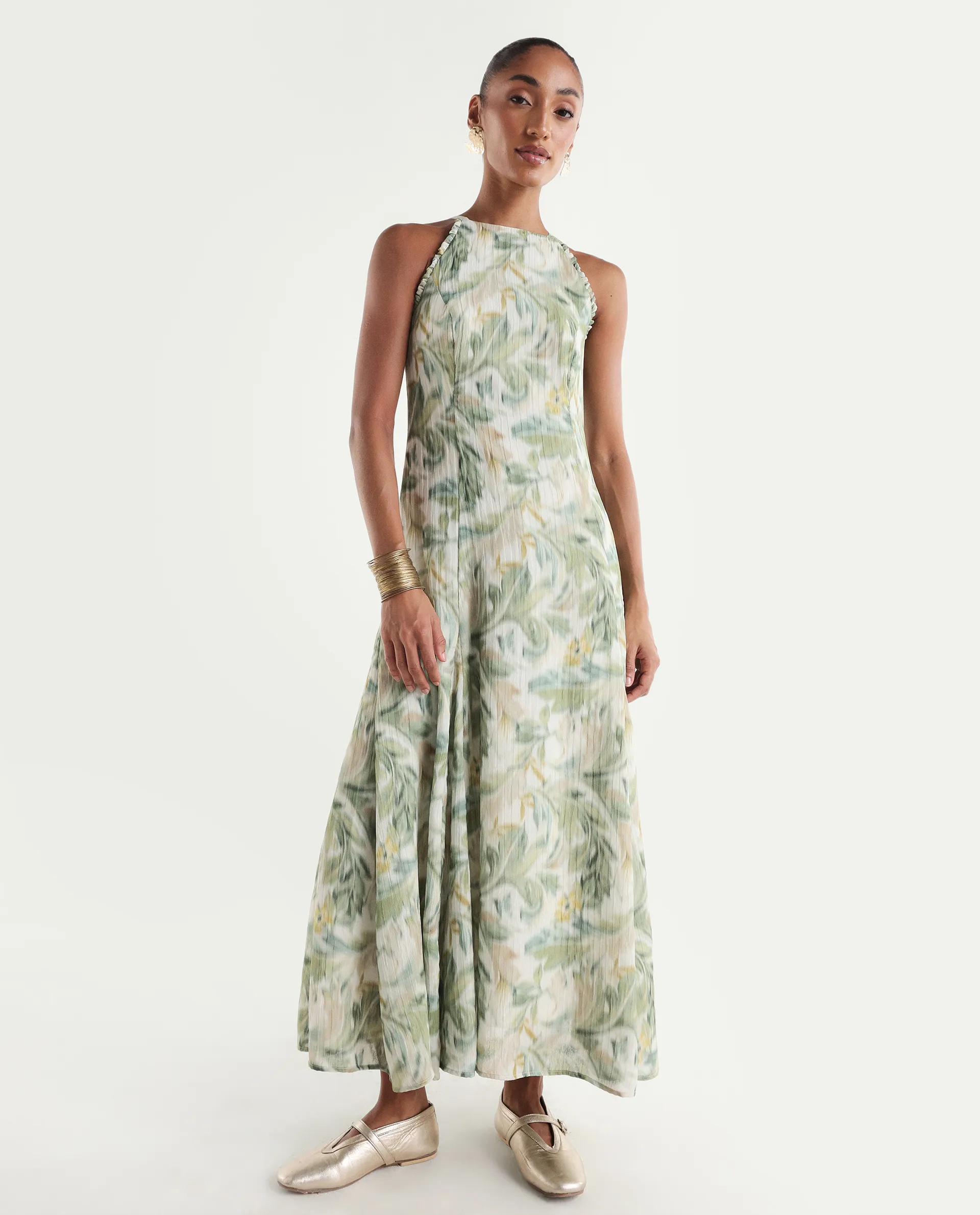 Rareism Women's Avenu Light Green Polyester Sleeveless Fit And Flare Printed Dress - Image 2