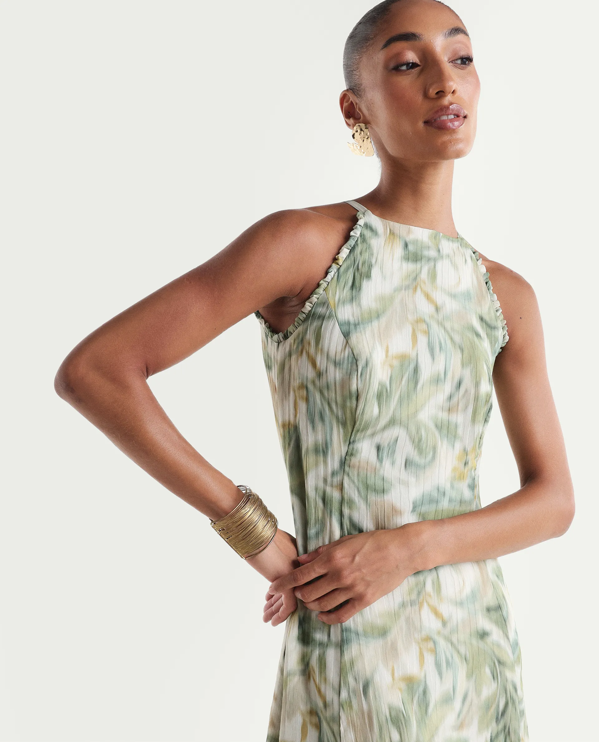 Rareism Women's Avenu Light Green Polyester Sleeveless Fit And Flare Printed Dress - Image 3