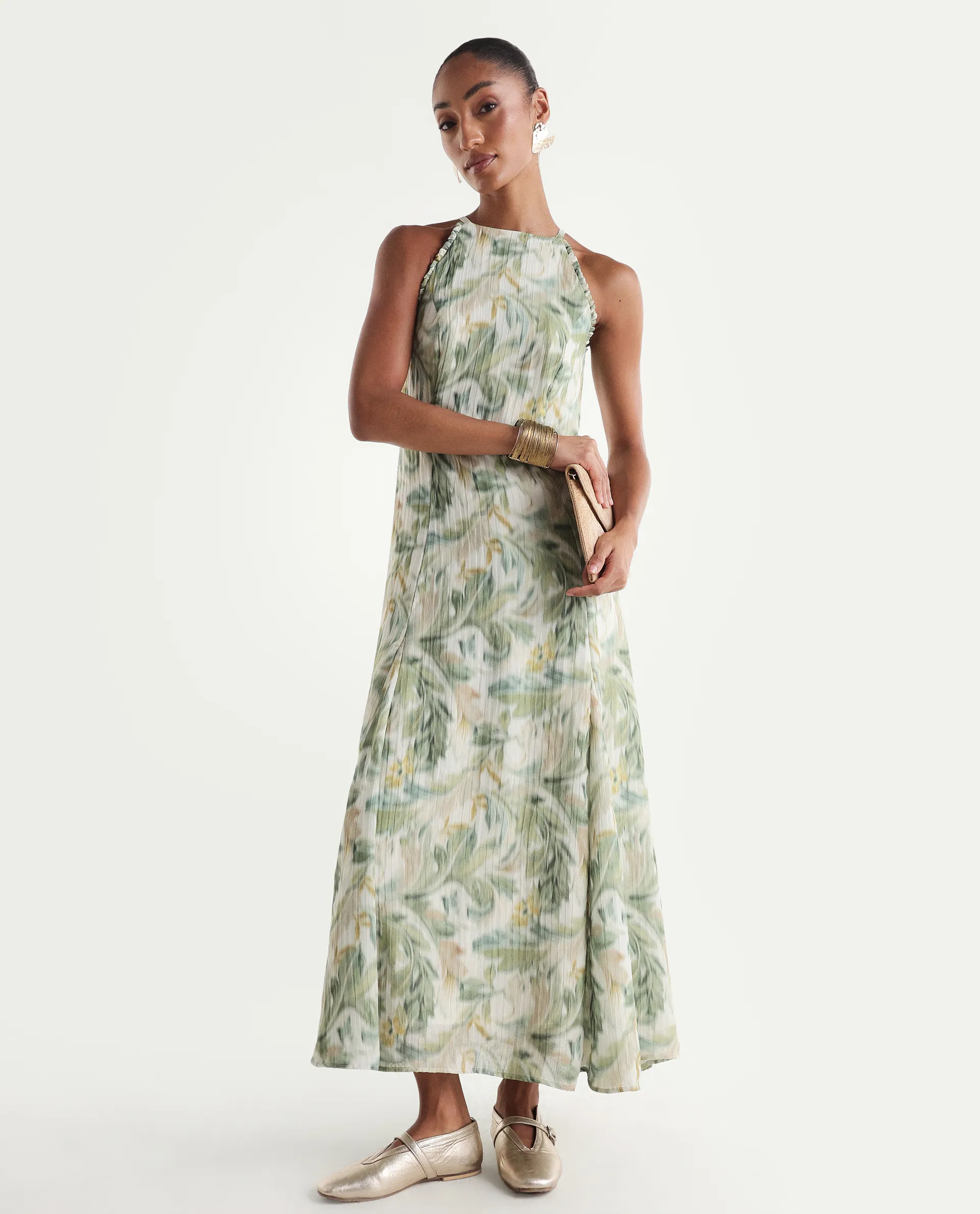 Rareism Women's Avenu Light Green Polyester Sleeveless Fit And Flare Printed Dress - Image 4