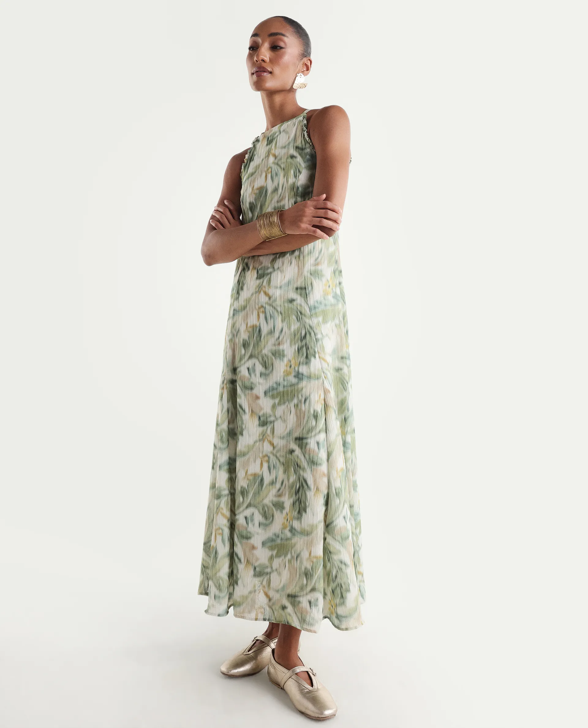 Rareism Women's Avenu Light Green Polyester Sleeveless Fit And Flare Printed Dress - Image 5