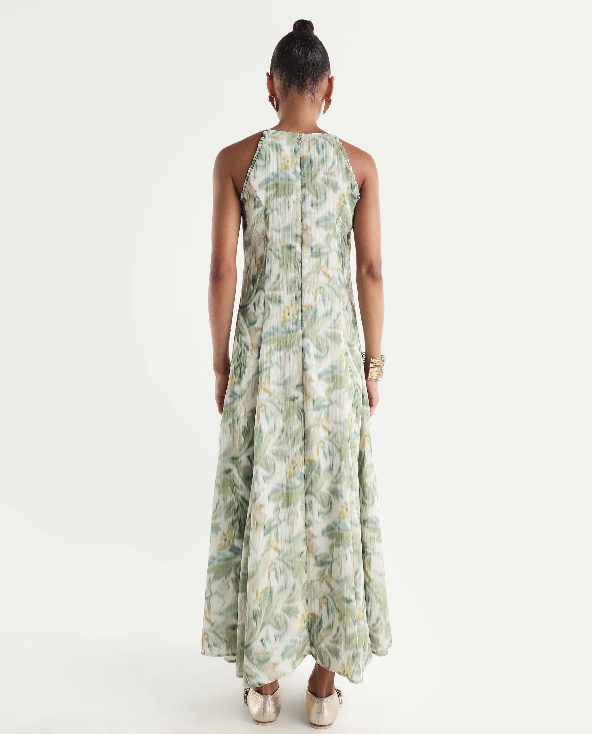 Rareism Women's Avenu Light Green Polyester Sleeveless Fit And Flare Printed Dress - Image 6