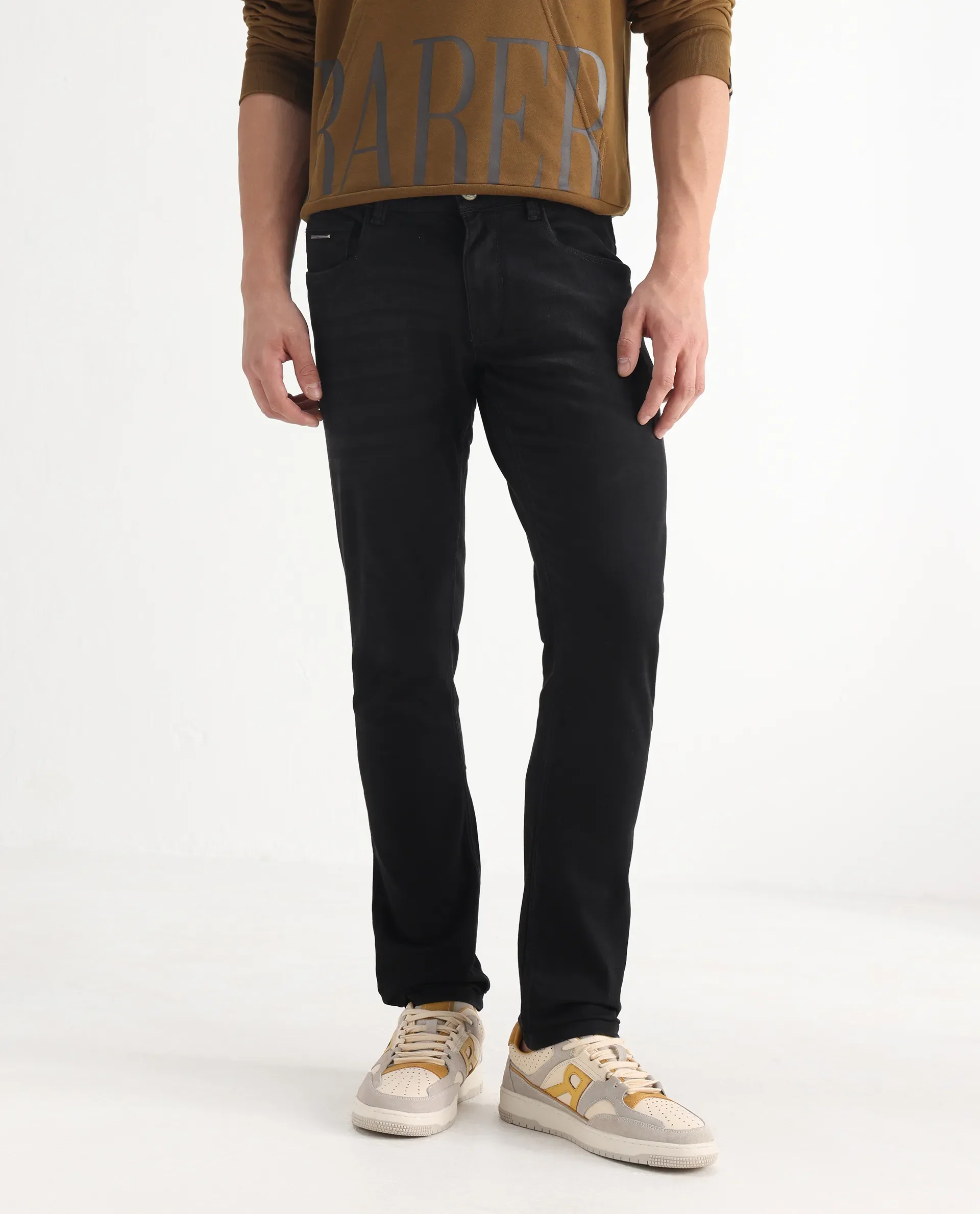 Rare Rabbit Men's Avenue Black Cotton Plain Hawk Slim Fit Jeans - Image 2