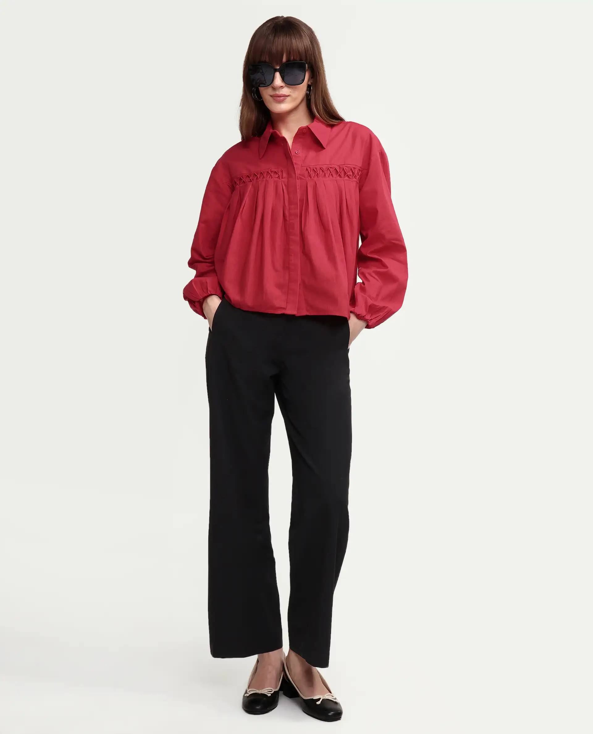 Rareism Women's Aveny Red Cotton Full Sleeve Boxy Plain Shirt - Image 2