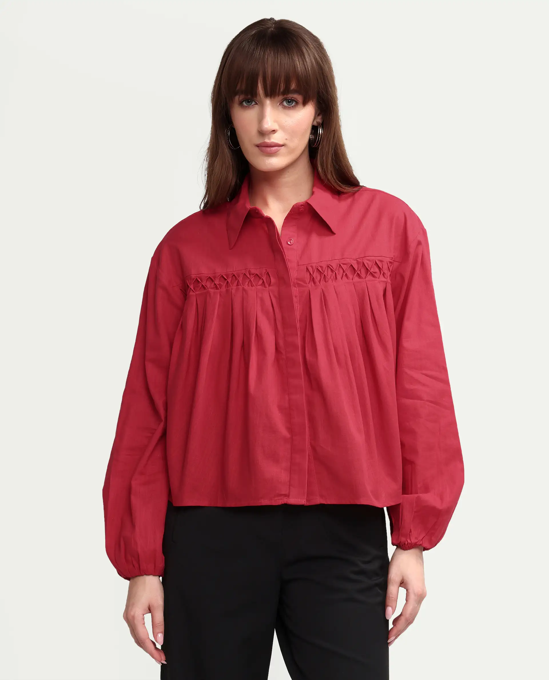 Rareism Women's Aveny Red Cotton Full Sleeve Boxy Plain Shirt - Image 3