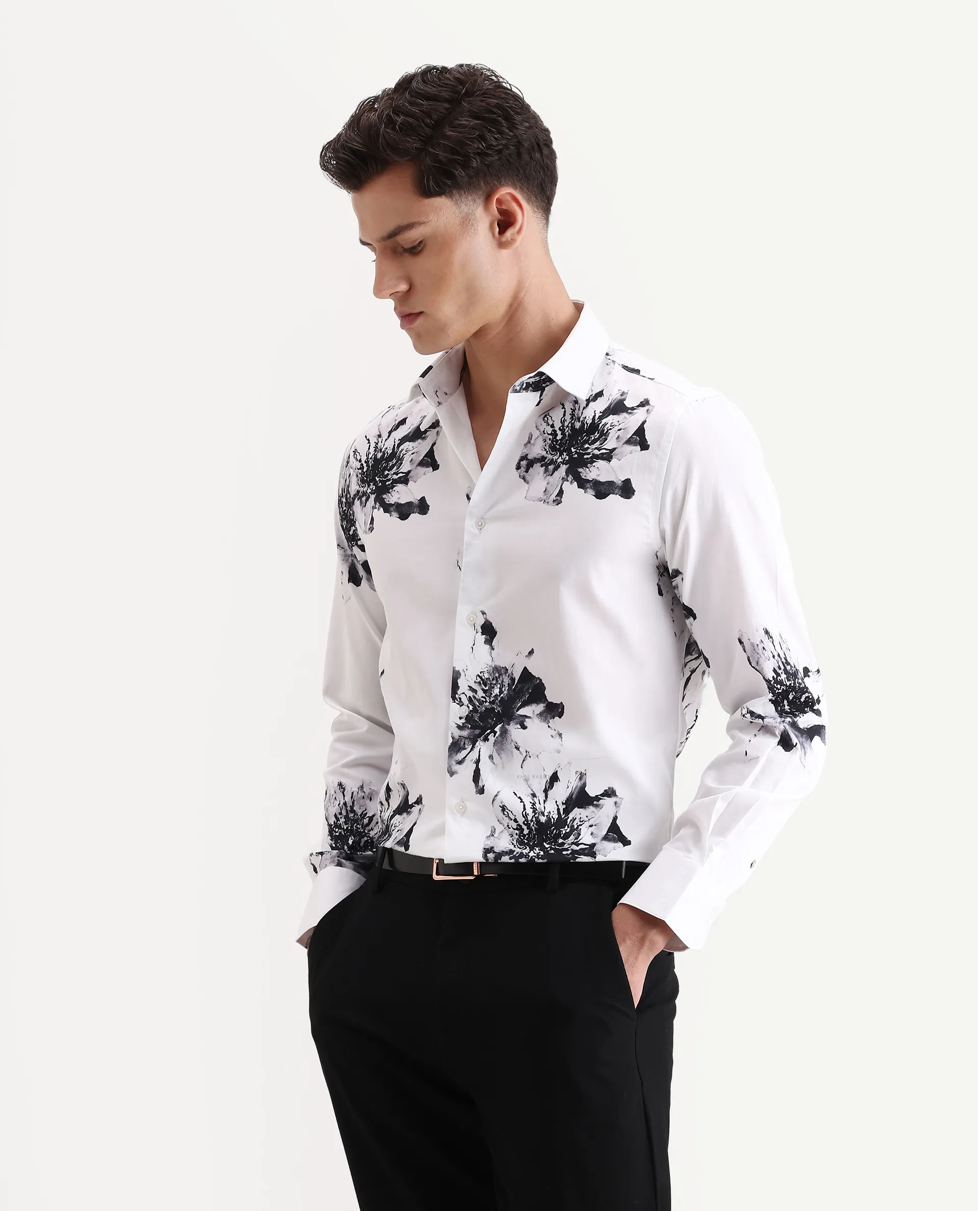 Rare Rabbit Men's Aver White Cotton Fabric Collared Neck Regular Fit Floral Print Shirt