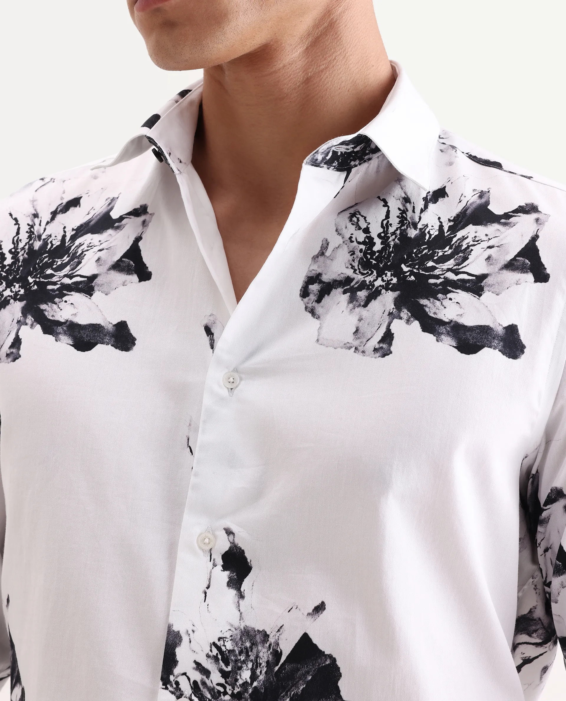 Rare Rabbit Men's Aver White Cotton Fabric Collared Neck Regular Fit Floral Print Shirt - Image 3
