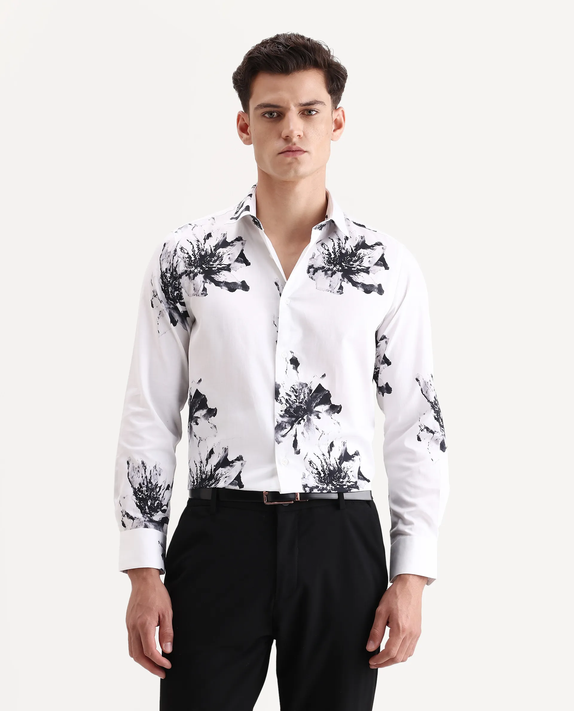 Rare Rabbit Men's Aver White Cotton Fabric Collared Neck Regular Fit Floral Print Shirt - Image 5