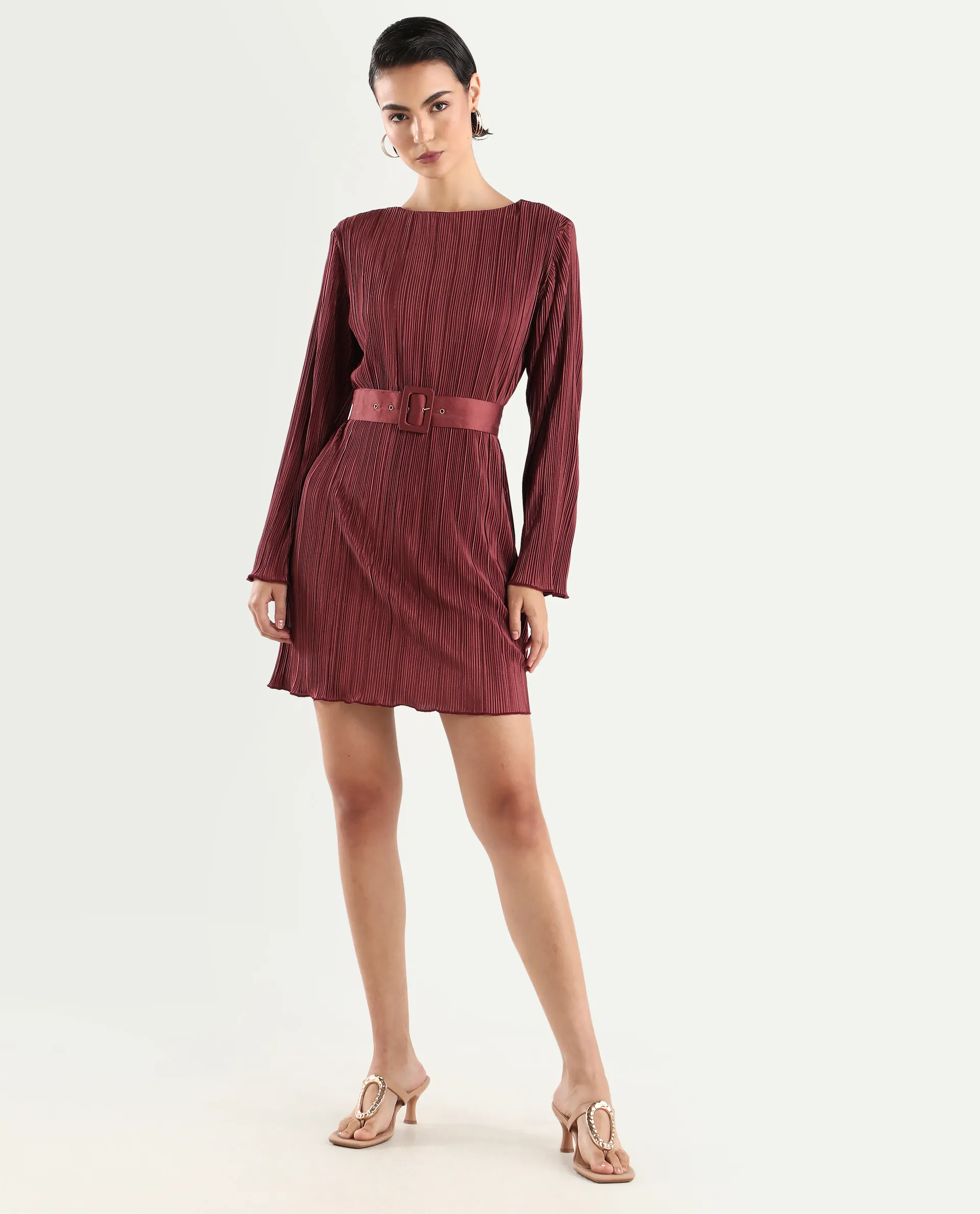 Rareism Women's Averna Brown Polyester Boat Neck Plain Mini Straight Fit Dress - Image 2