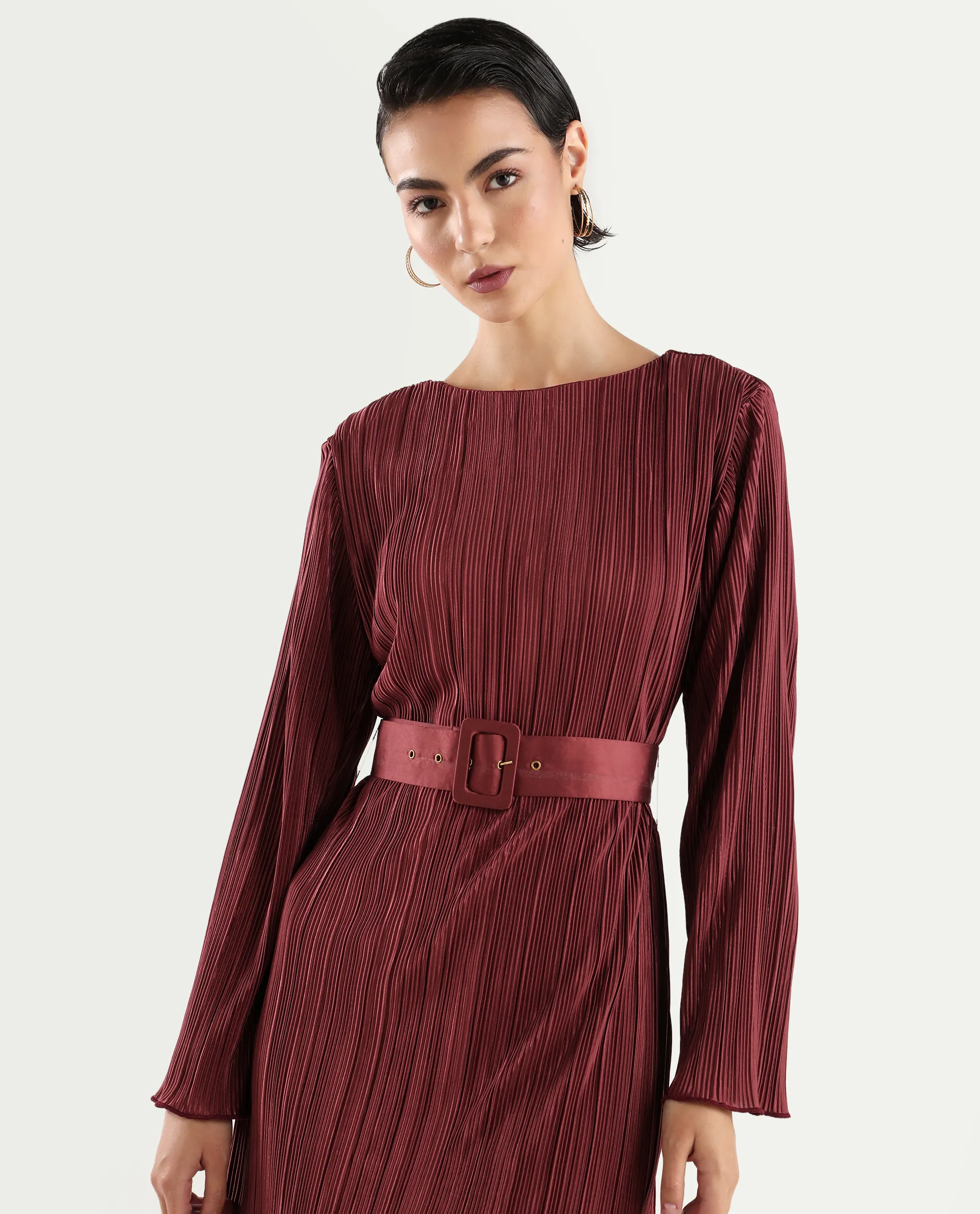 Rareism Women's Averna Brown Polyester Boat Neck Plain Mini Straight Fit Dress - Image 3
