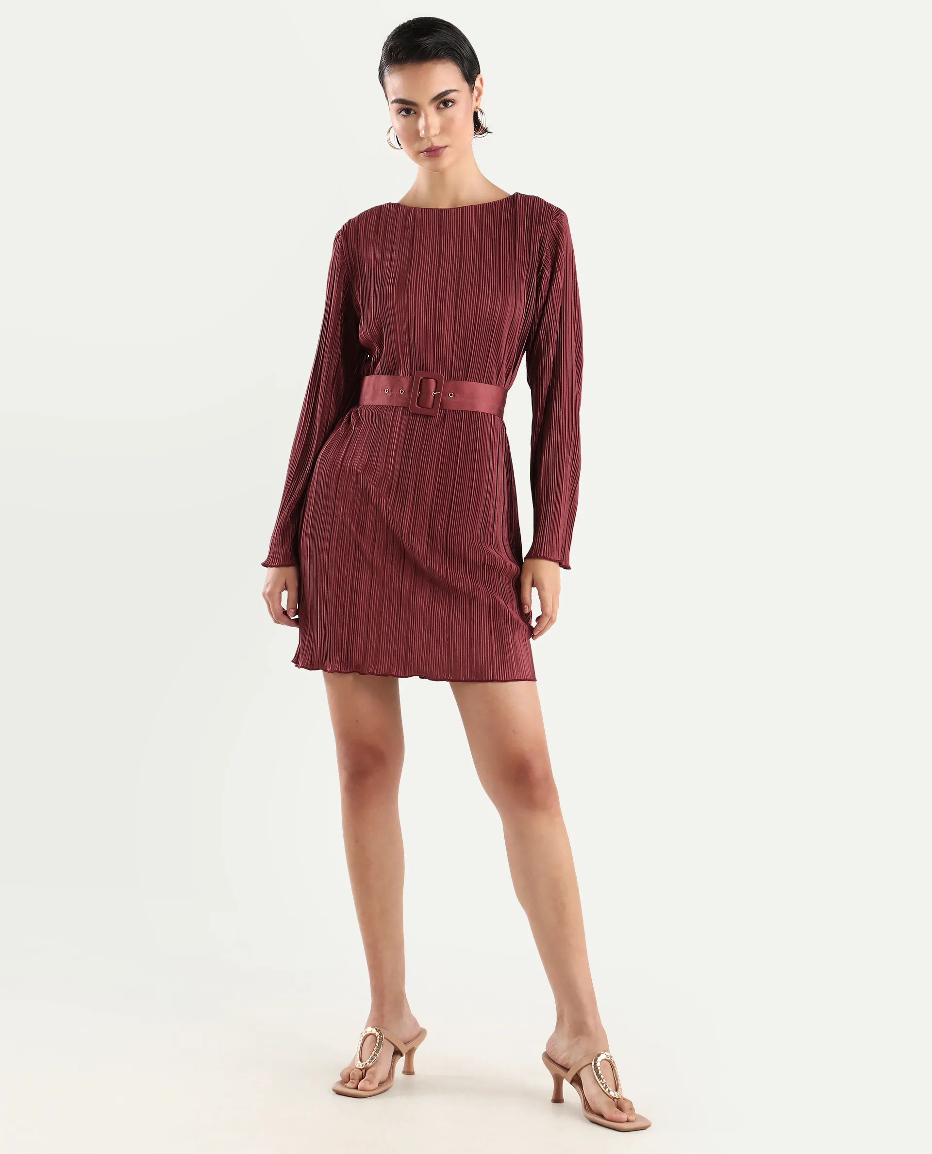 Rareism Women's Averna Brown Polyester Boat Neck Plain Mini Straight Fit Dress - Image 4