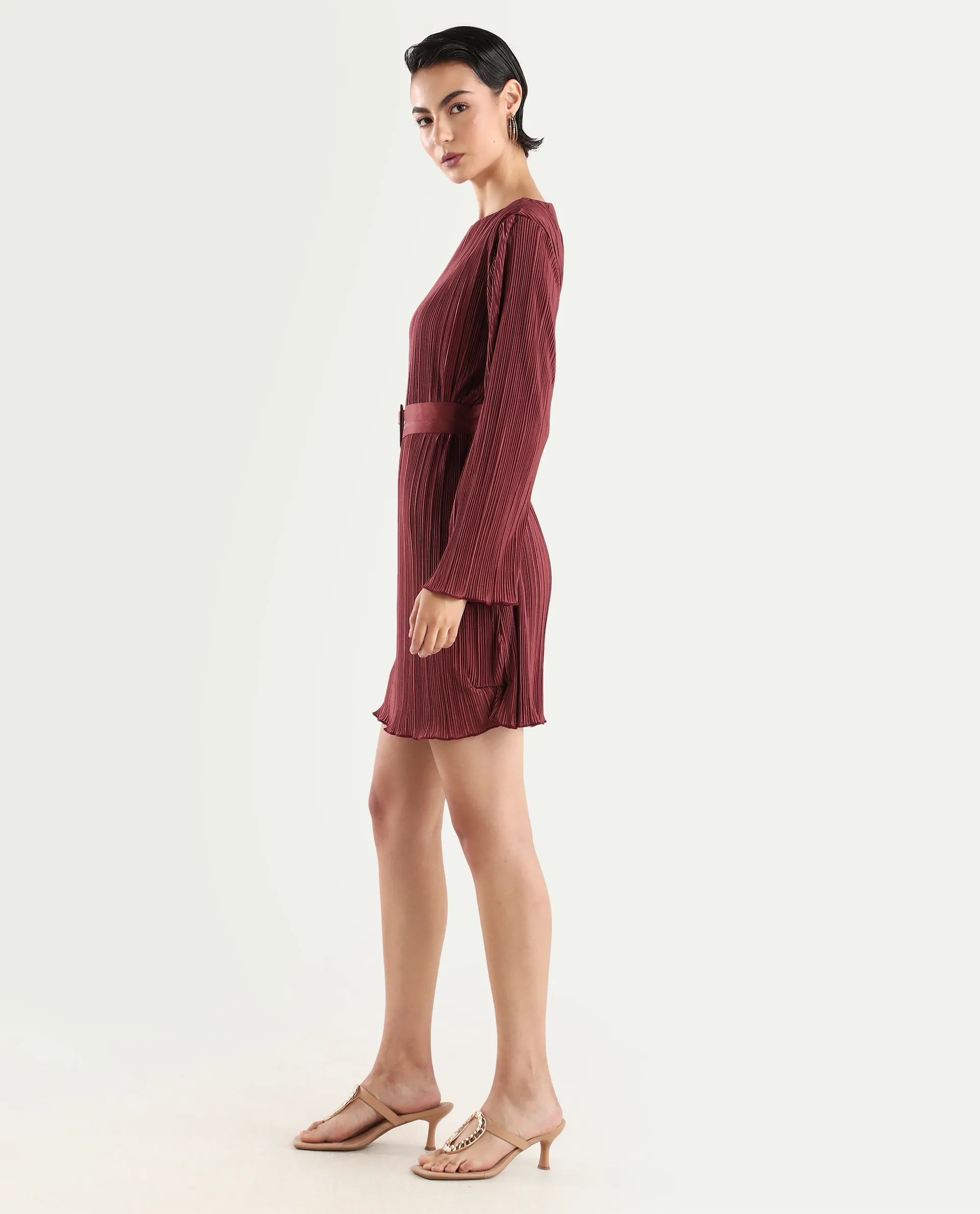 Rareism Women's Averna Brown Polyester Boat Neck Plain Mini Straight Fit Dress - Image 5