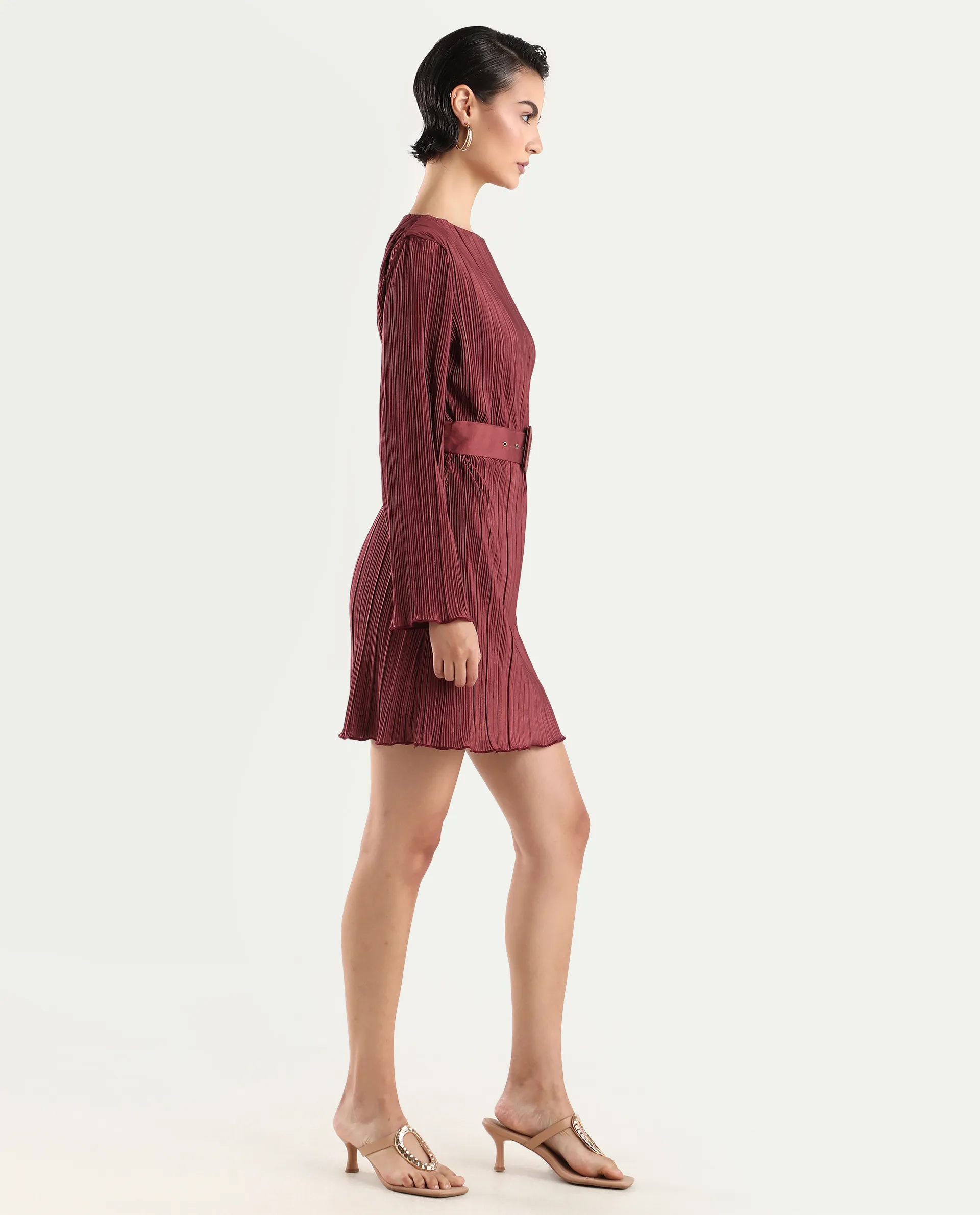 Rareism Women's Averna Brown Polyester Boat Neck Plain Mini Straight Fit Dress - Image 6