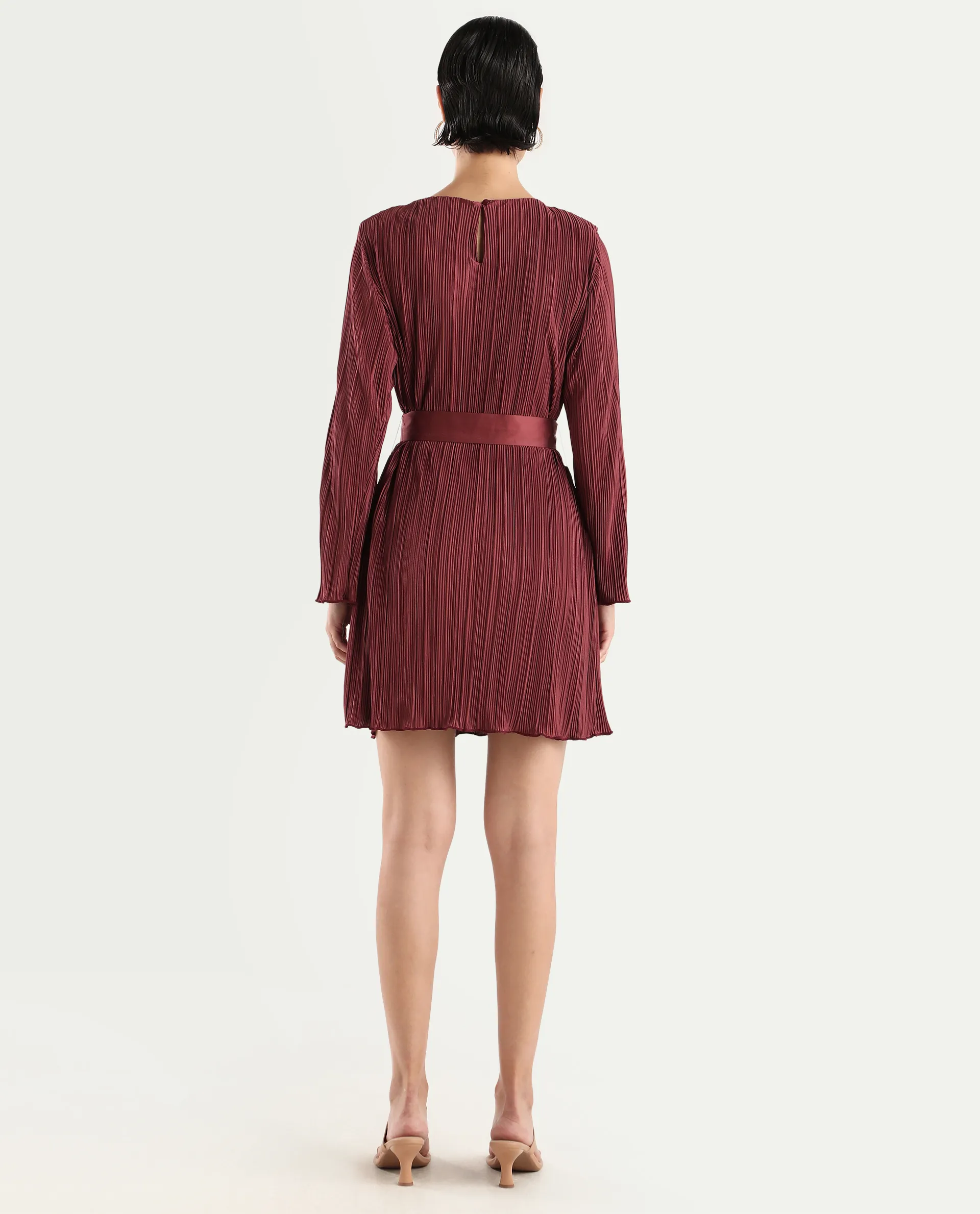 Rareism Women's Averna Brown Polyester Boat Neck Plain Mini Straight Fit Dress - Image 7