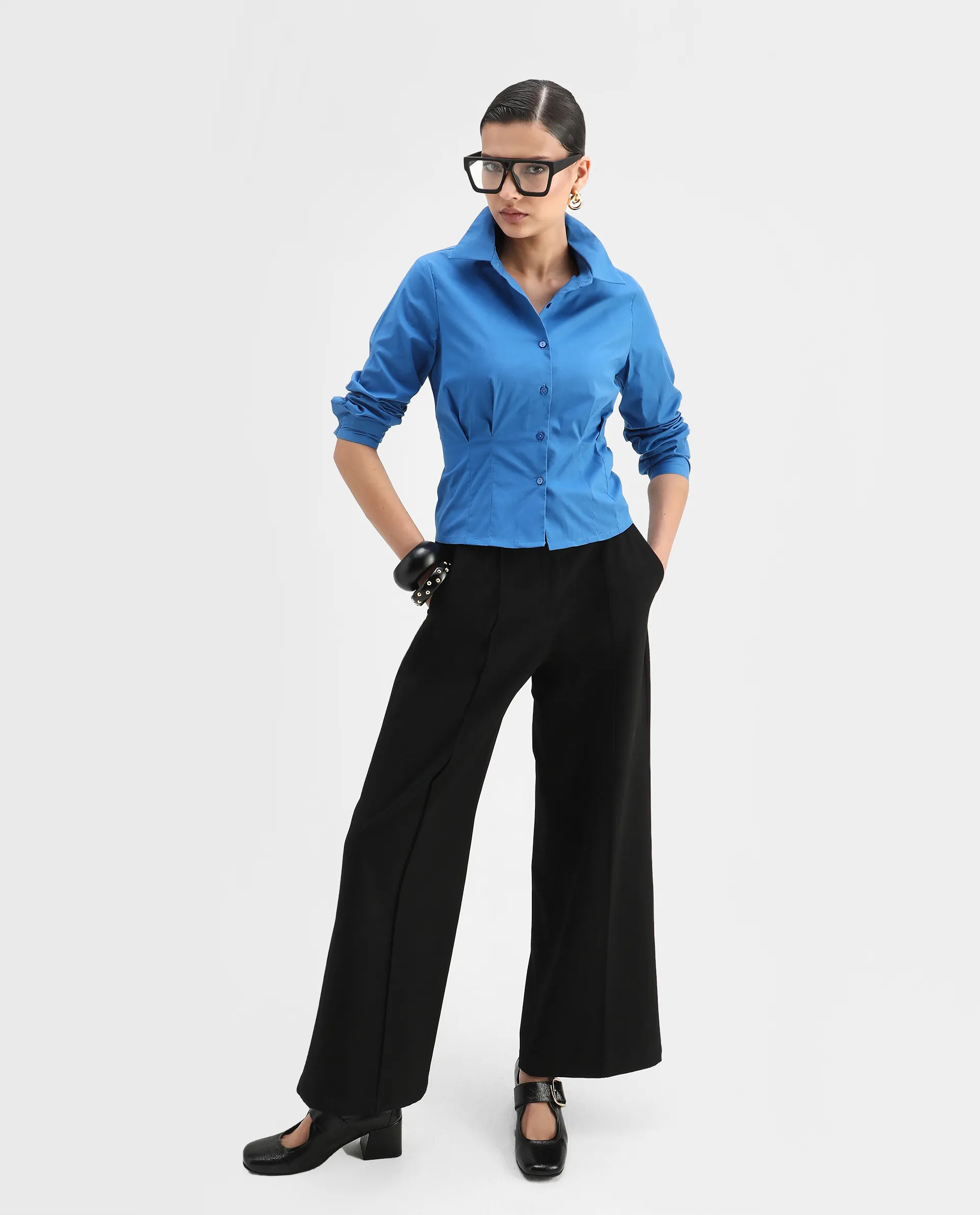 Rareism Women's Avica Blue Cotton Blend Drop Collar Plain Cuffed Sleeve Regular Fit Shirt - Image 2