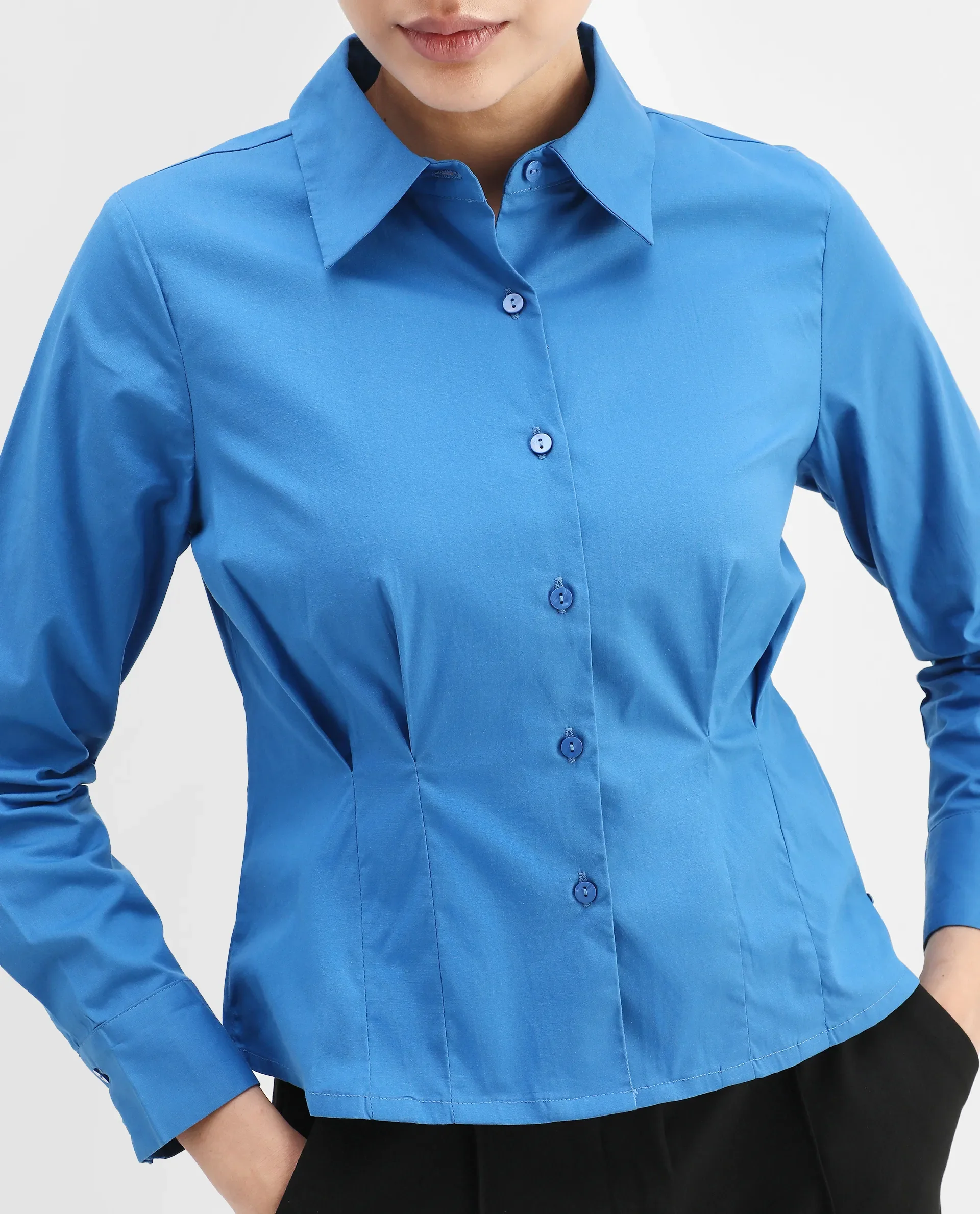 Rareism Women's Avica Blue Cotton Blend Drop Collar Plain Cuffed Sleeve Regular Fit Shirt - Image 3