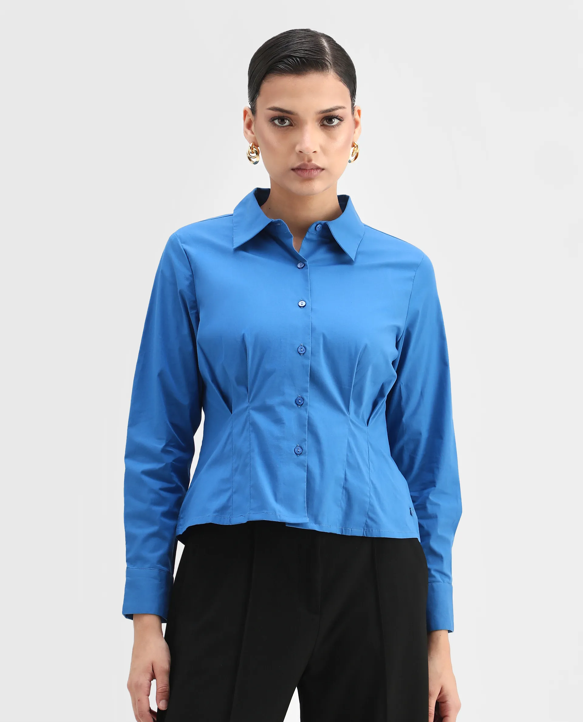 Rareism Women's Avica Blue Cotton Blend Drop Collar Plain Cuffed Sleeve Regular Fit Shirt - Image 4