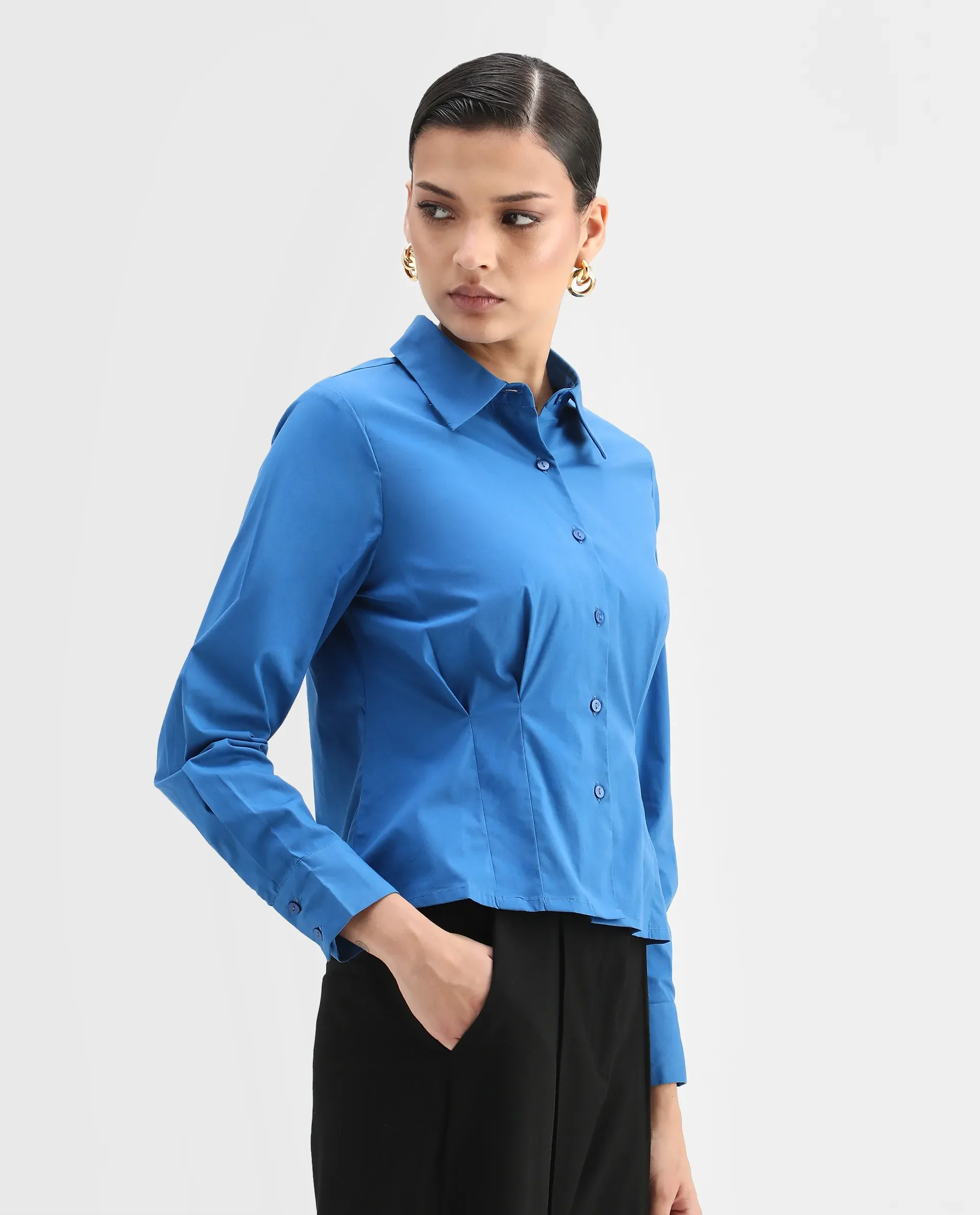 Rareism Women's Avica Blue Cotton Blend Drop Collar Plain Cuffed Sleeve Regular Fit Shirt - Image 5