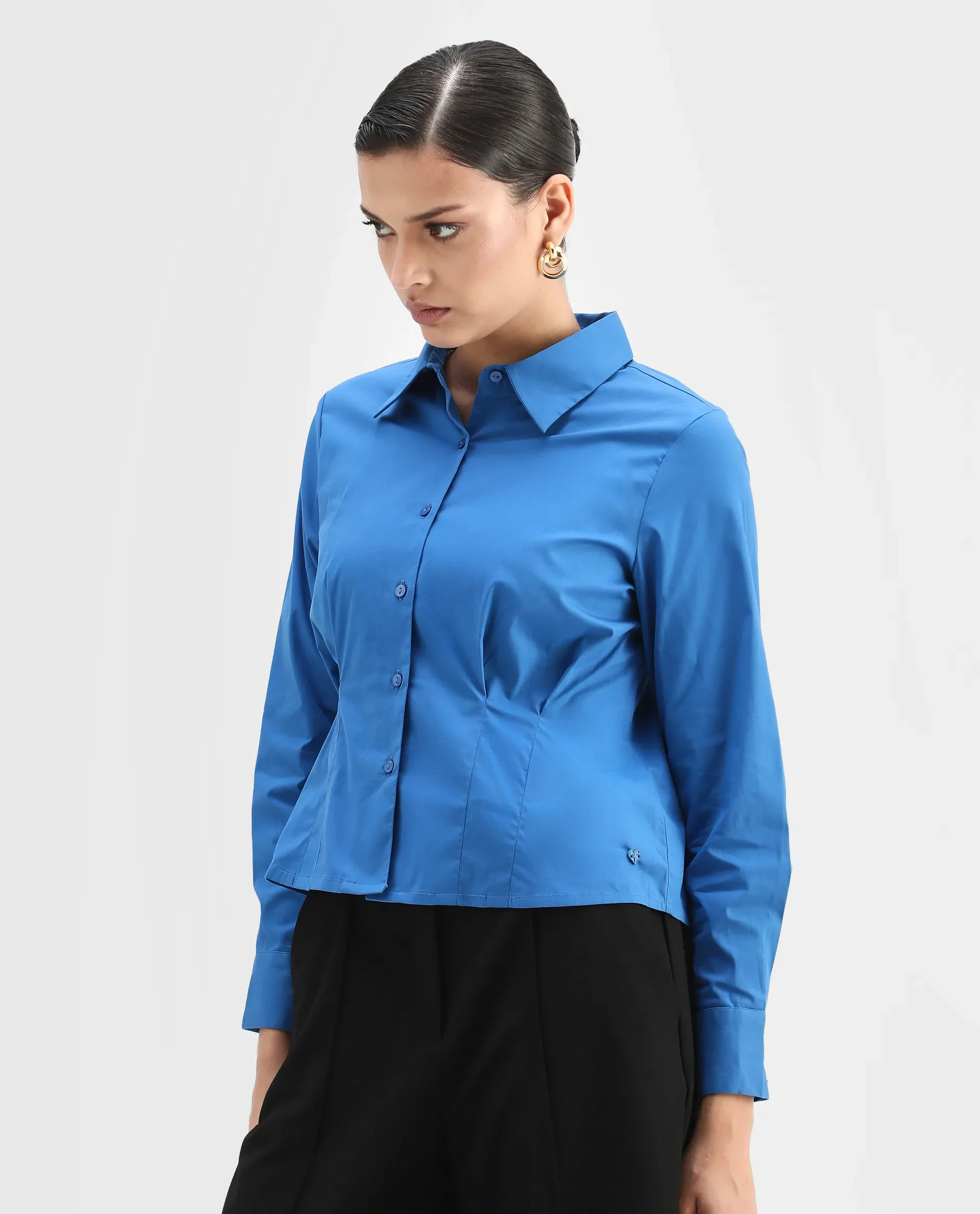 Rareism Women's Avica Blue Cotton Blend Drop Collar Plain Cuffed Sleeve Regular Fit Shirt - Image 6