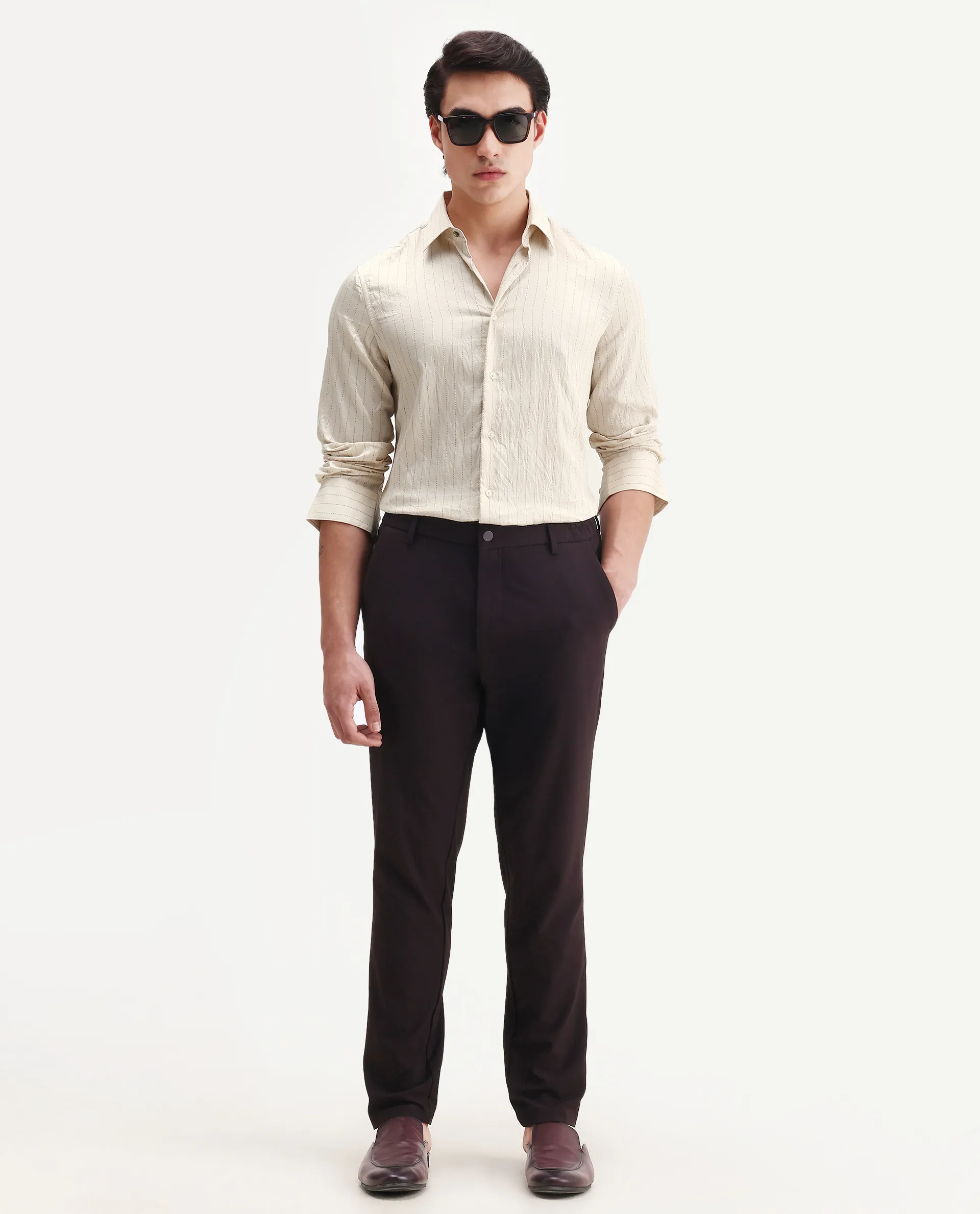 Rare Rabbit Men's Avid White Viscose Fabric Spread Collar Regular Fit Striped Shirt - Image 2
