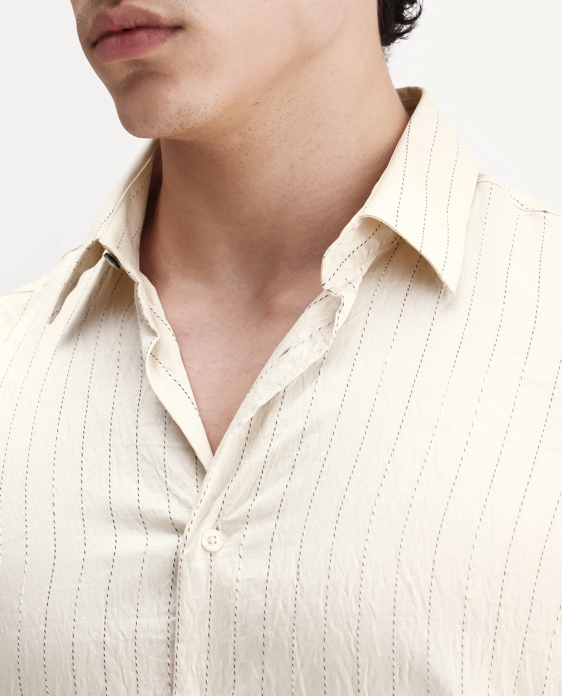Rare Rabbit Men's Avid White Viscose Fabric Spread Collar Regular Fit Striped Shirt - Image 3