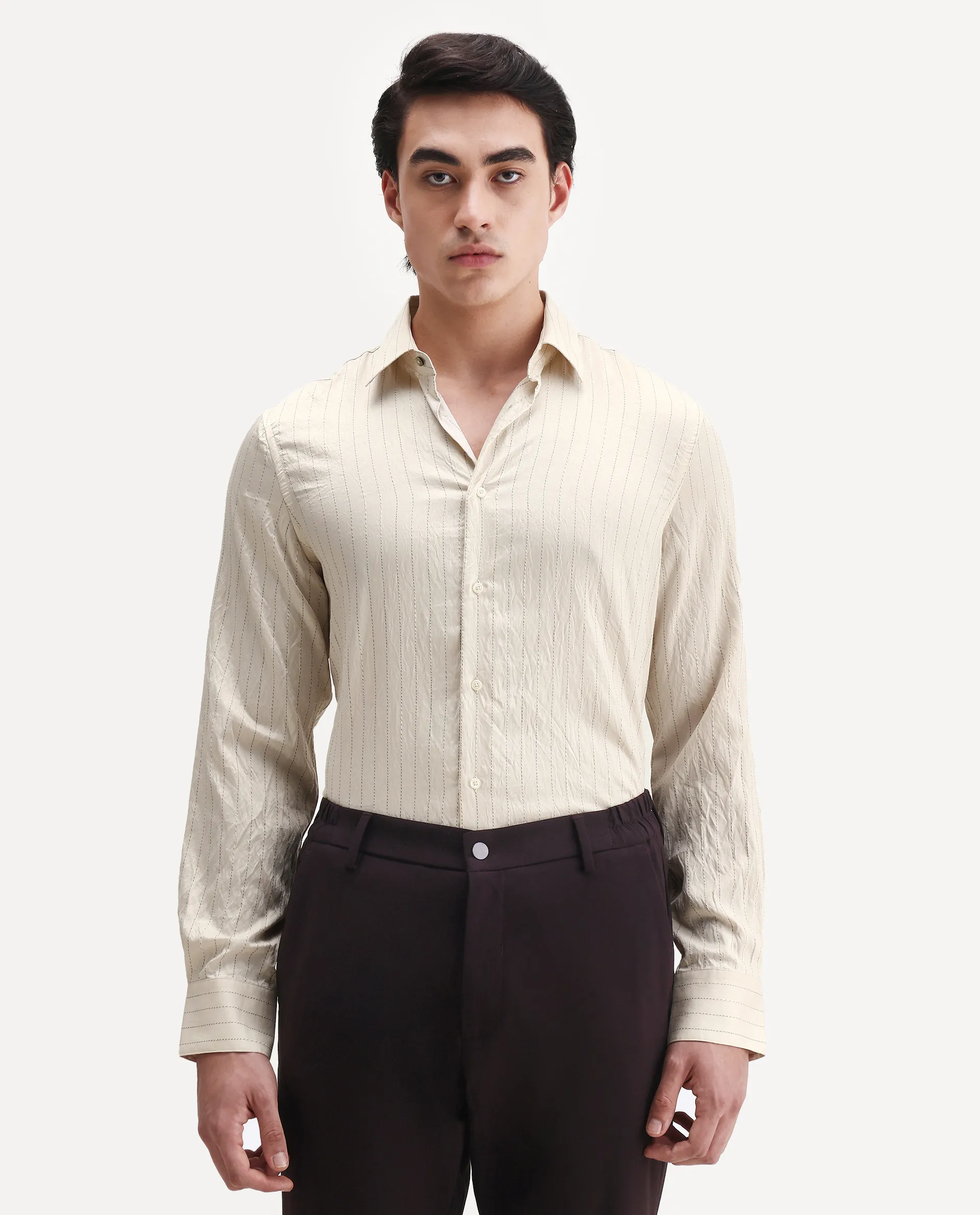 Rare Rabbit Men's Avid White Viscose Fabric Spread Collar Regular Fit Striped Shirt - Image 4