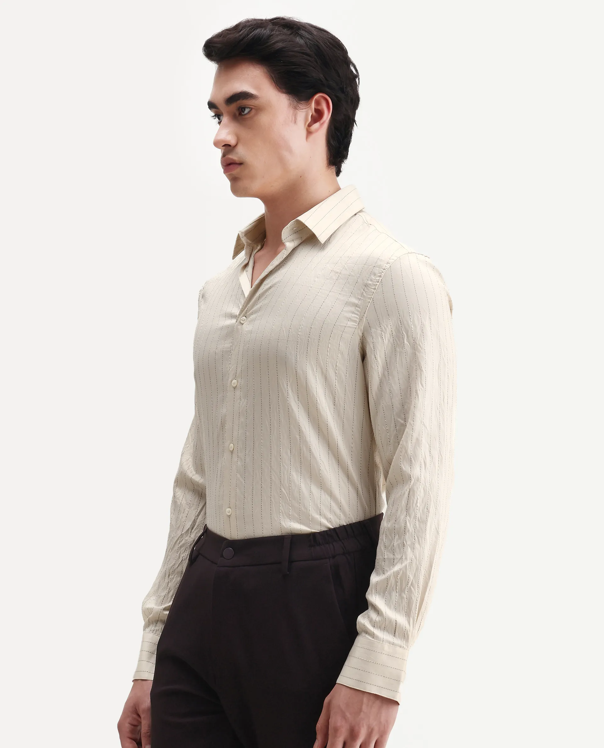 Rare Rabbit Men's Avid White Viscose Fabric Spread Collar Regular Fit Striped Shirt - Image 5