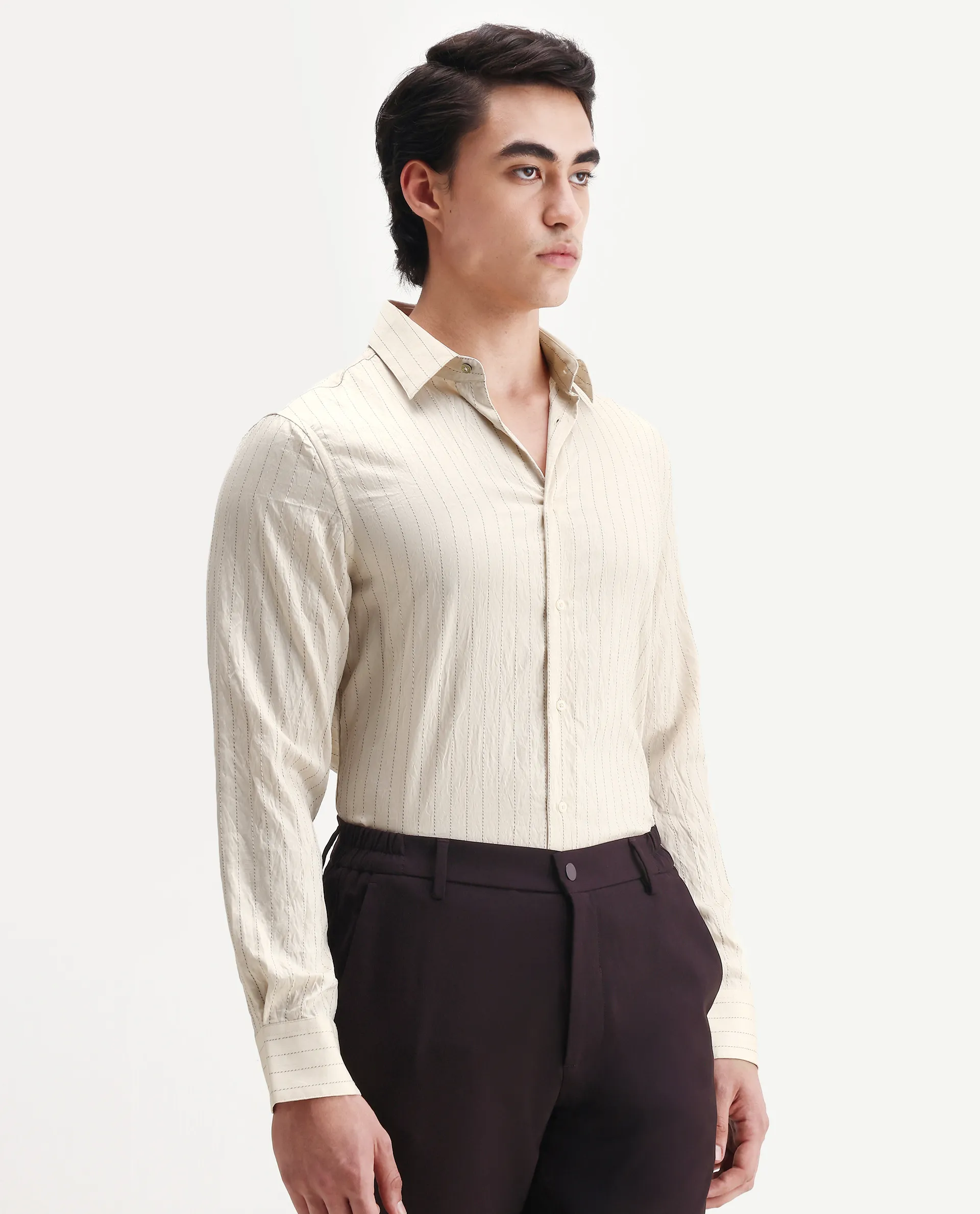 Rare Rabbit Men's Avid White Viscose Fabric Spread Collar Regular Fit Striped Shirt - Image 6