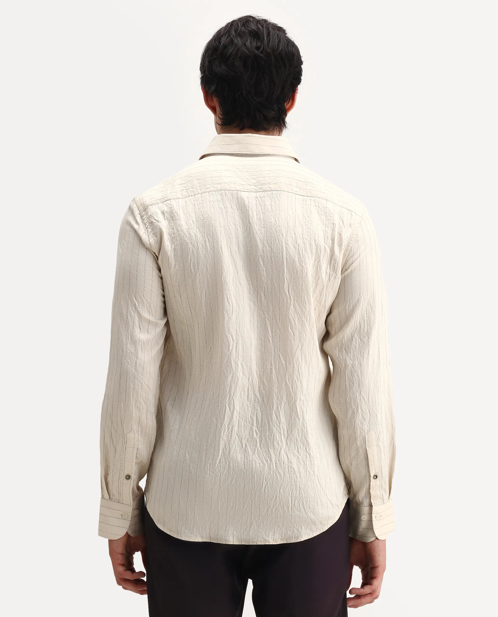 Rare Rabbit Men's Avid White Viscose Fabric Spread Collar Regular Fit Striped Shirt - Image 7
