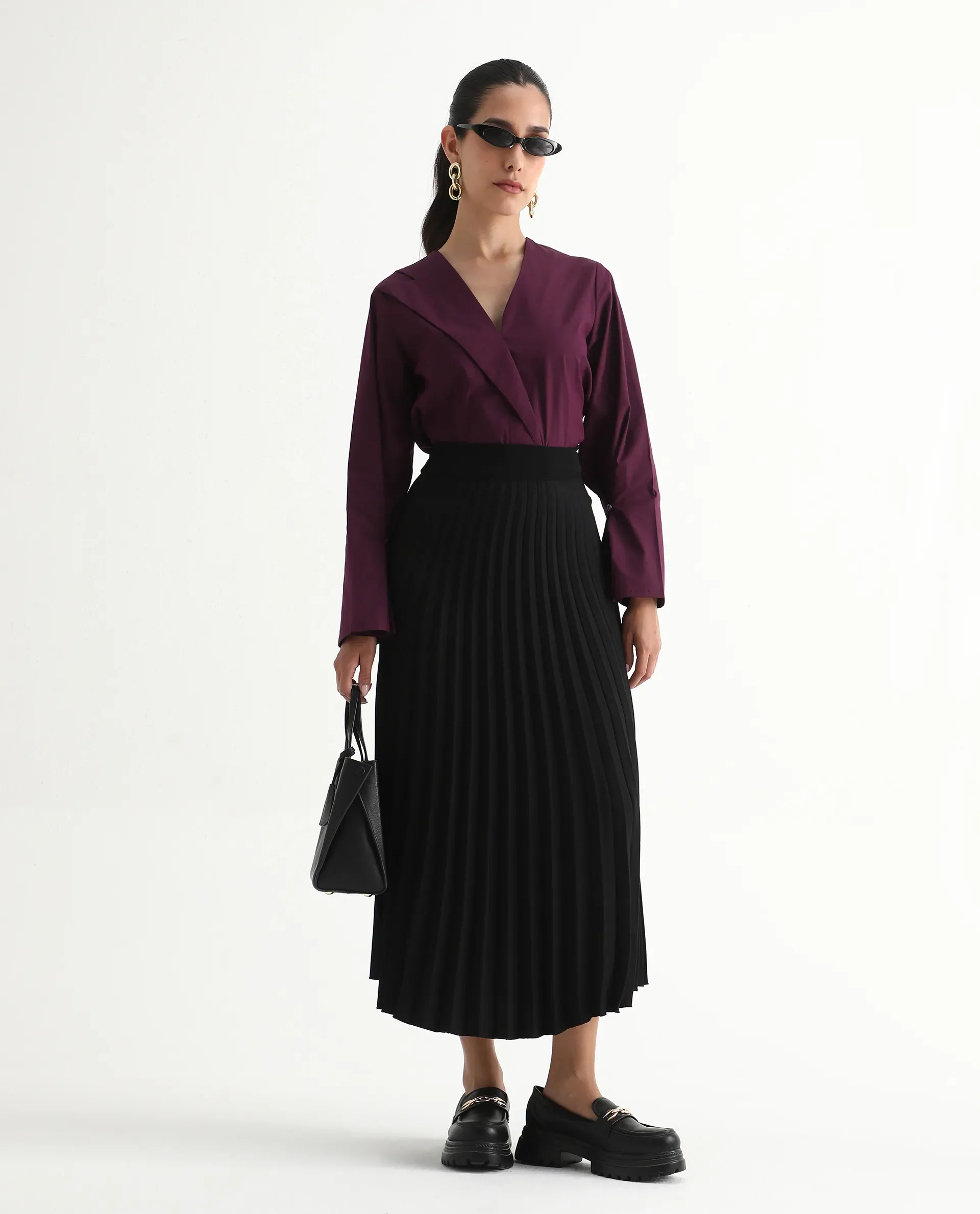 Rareism Women's Avid Black Polyester Flared Skirt