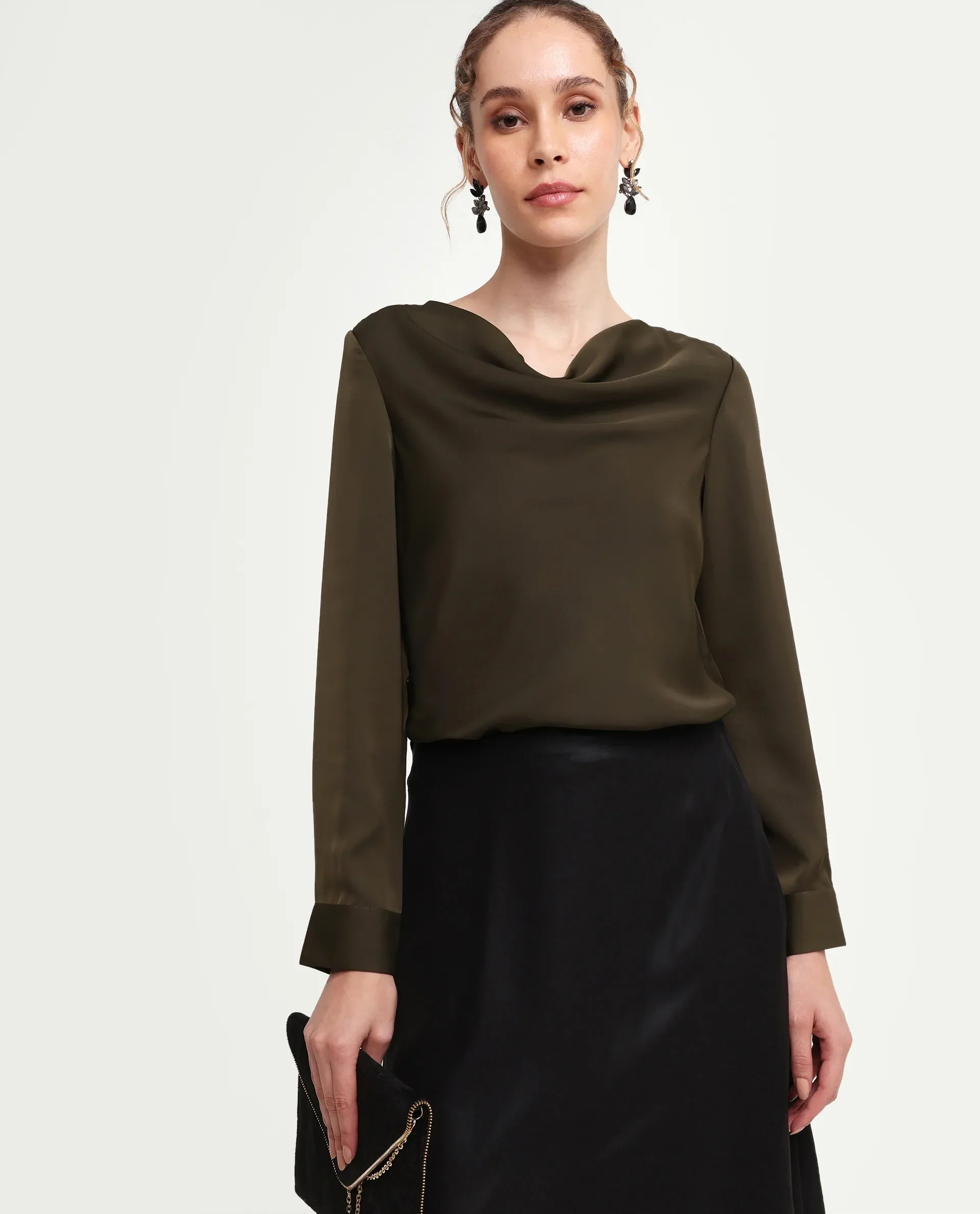 Rareism Women's Avier Olive Polyester Full Sleeve Cowl Neck Regular Fit Plain Top