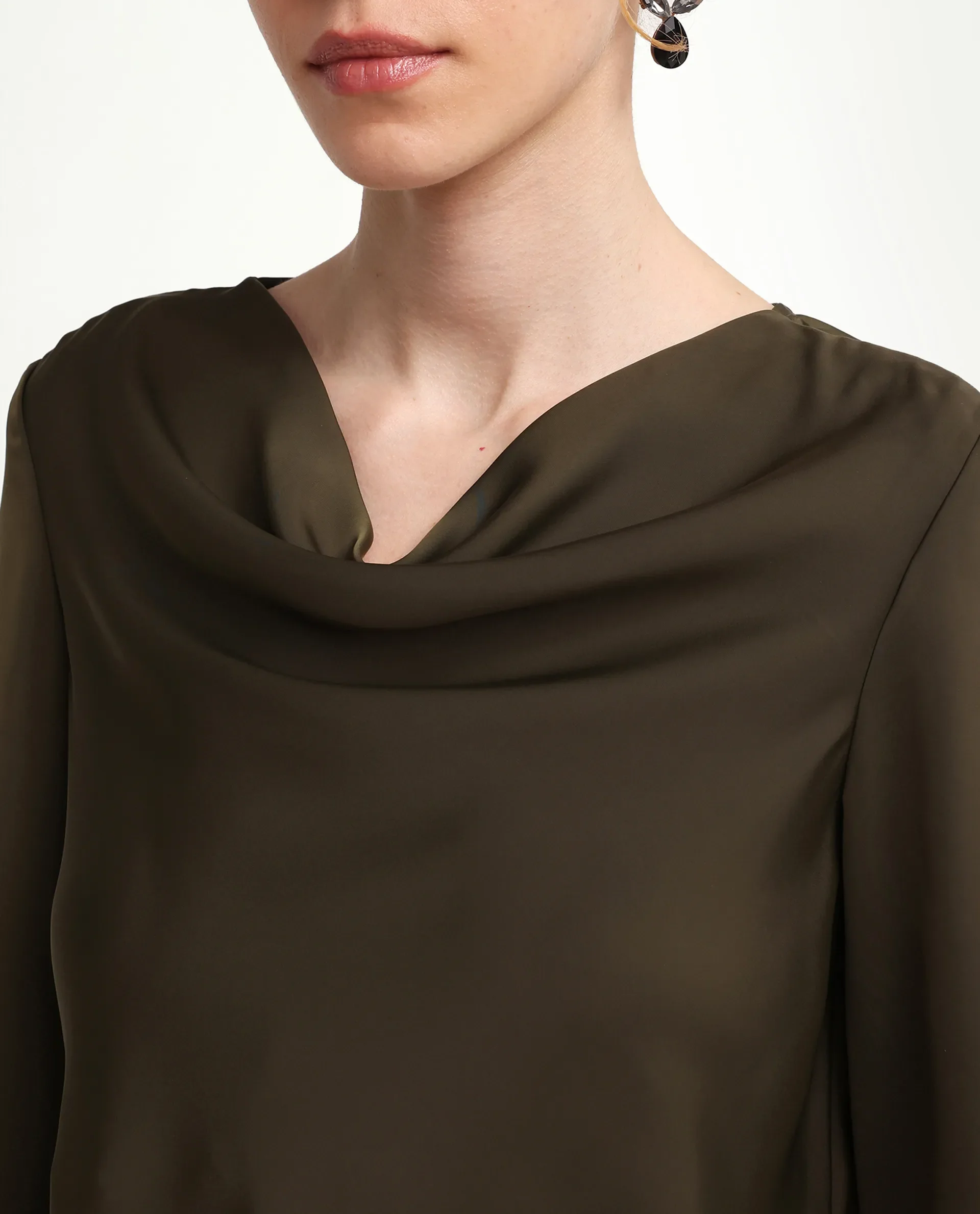 Rareism Women's Avier Olive Polyester Full Sleeve Cowl Neck Regular Fit Plain Top - Image 3