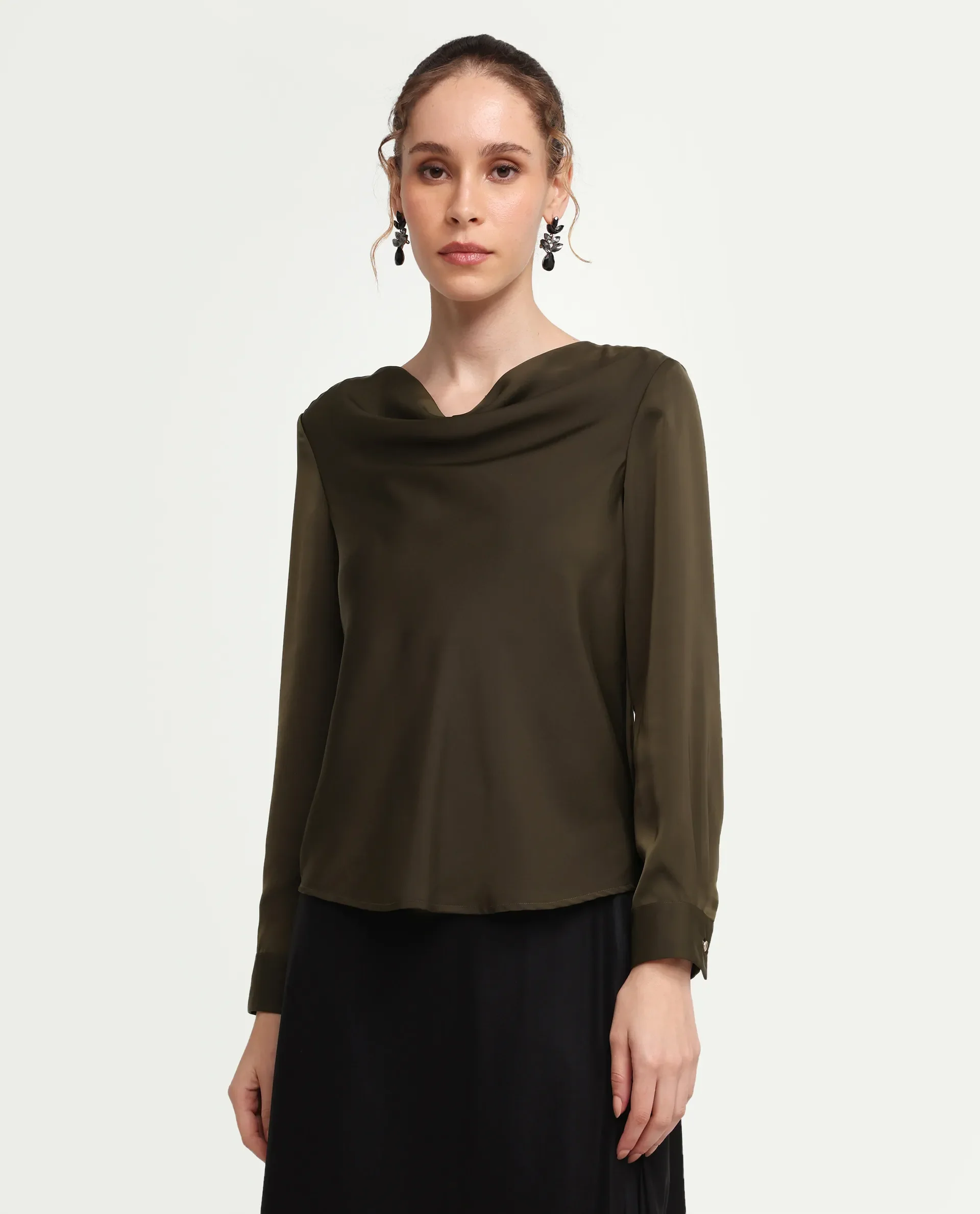 Rareism Women's Avier Olive Polyester Full Sleeve Cowl Neck Regular Fit Plain Top - Image 4