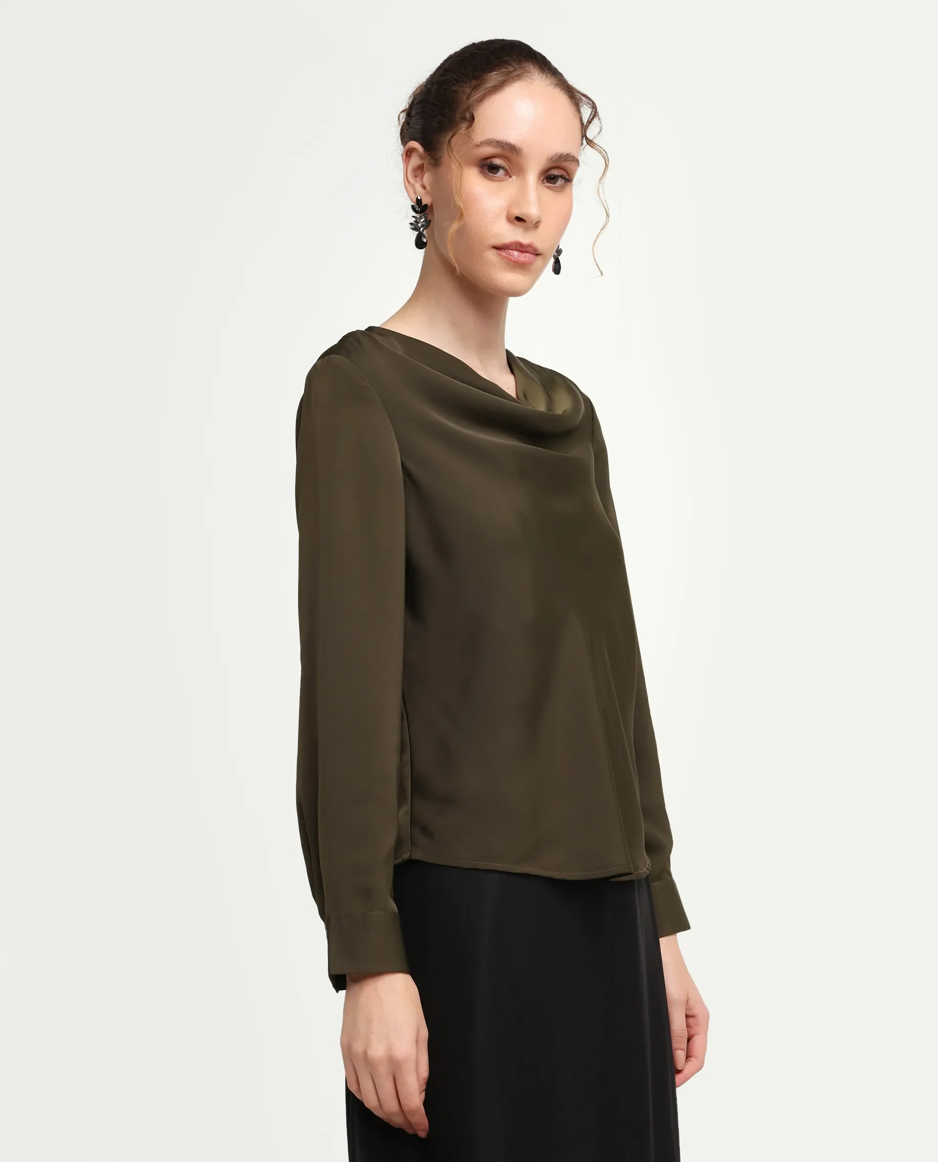 Rareism Women's Avier Olive Polyester Full Sleeve Cowl Neck Regular Fit Plain Top - Image 5