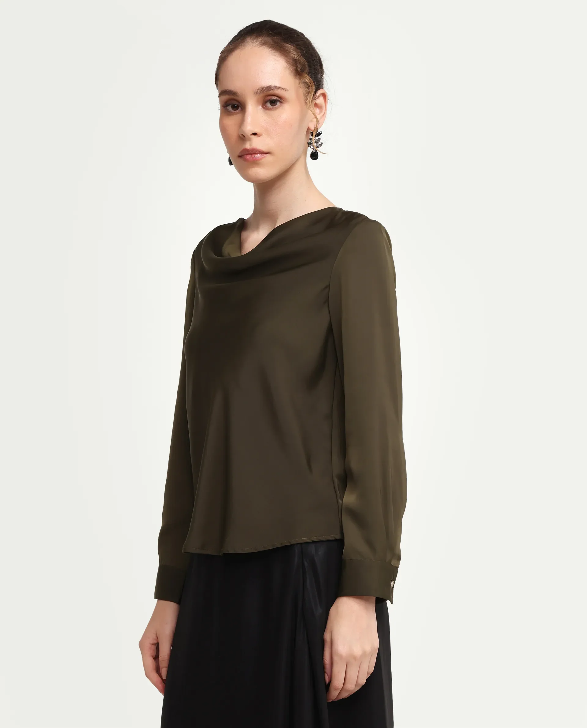 Rareism Women's Avier Olive Polyester Full Sleeve Cowl Neck Regular Fit Plain Top - Image 6