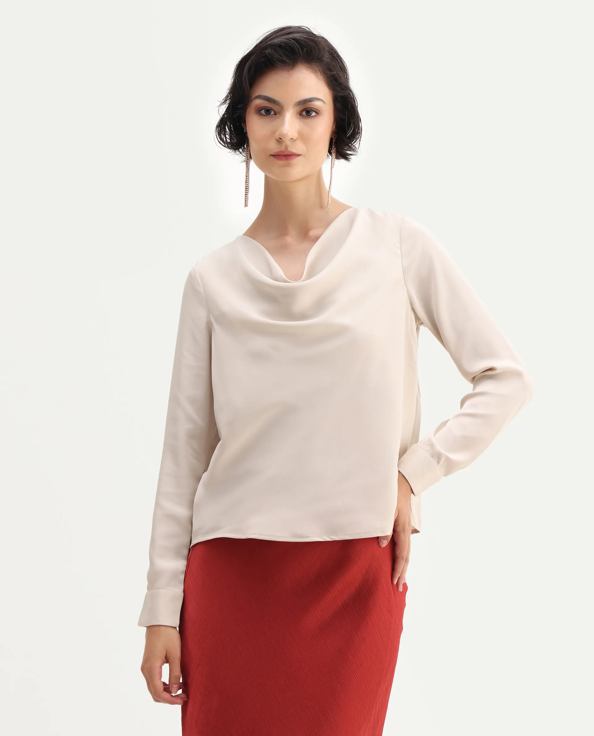 Rareism Women's Avier Beige Polyester Cowl Neck Regular Fit Plain Top - Image 4
