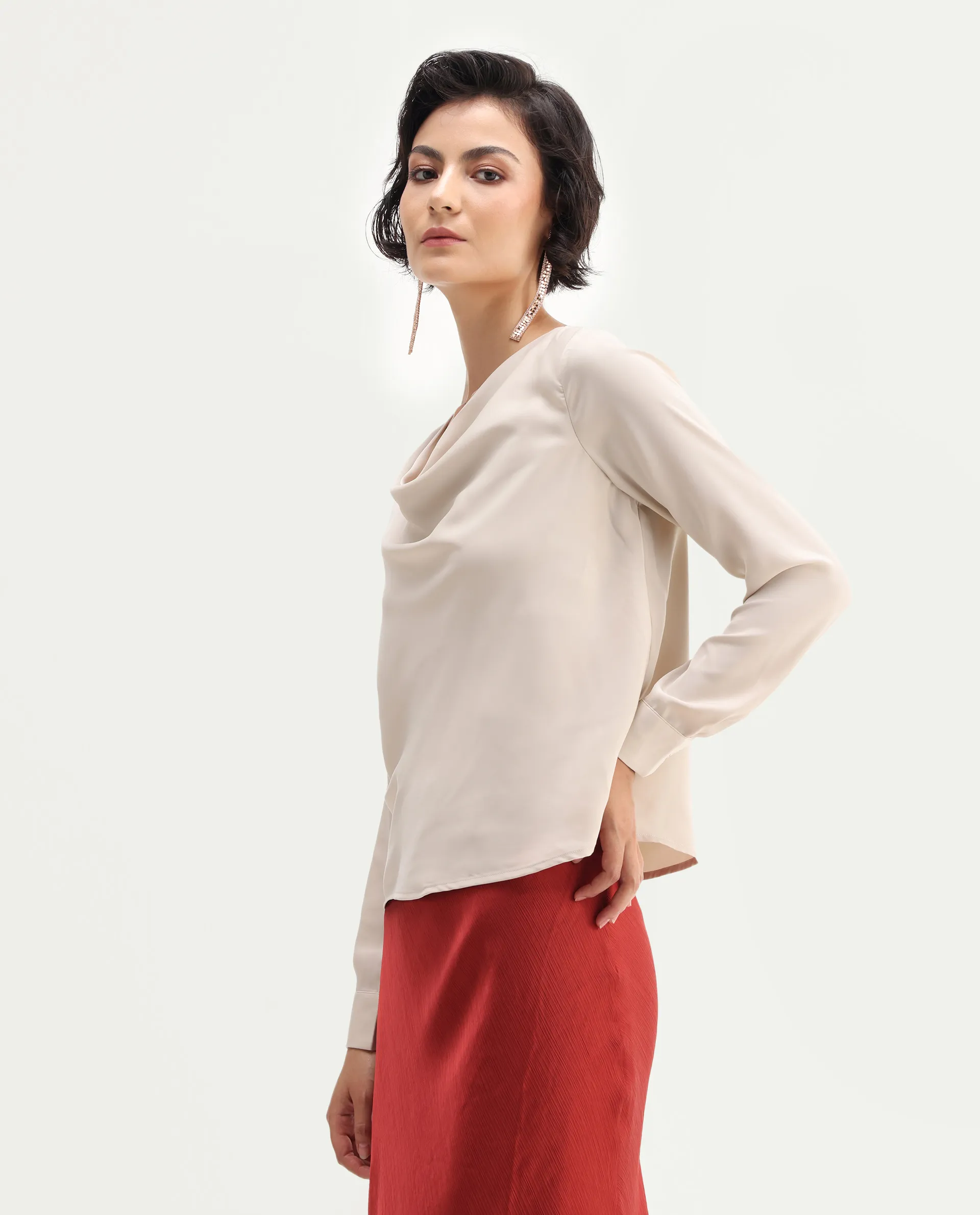Rareism Women's Avier Beige Polyester Cowl Neck Regular Fit Plain Top - Image 5
