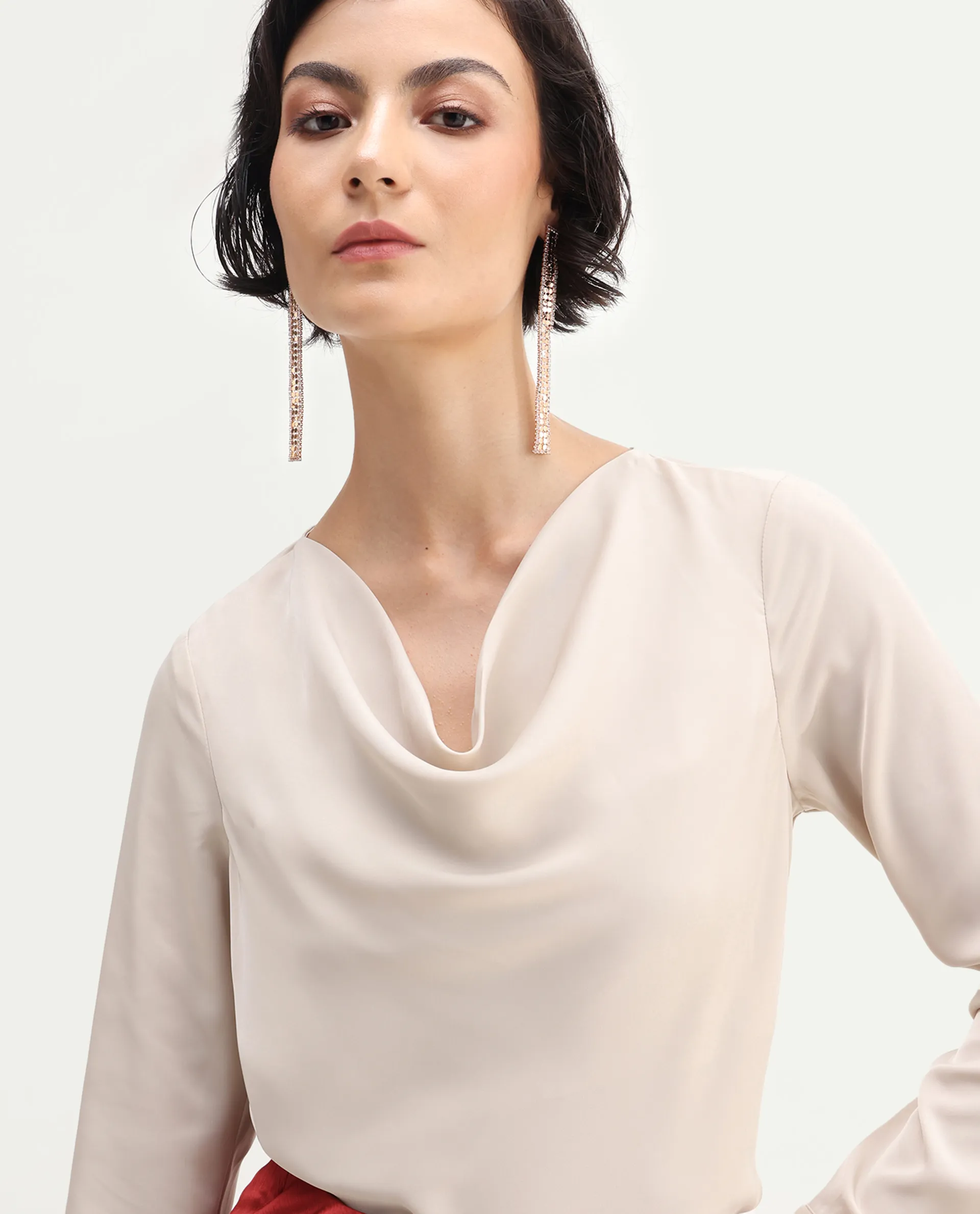 Rareism Women's Avier Beige Polyester Cowl Neck Regular Fit Plain Top - Image 6