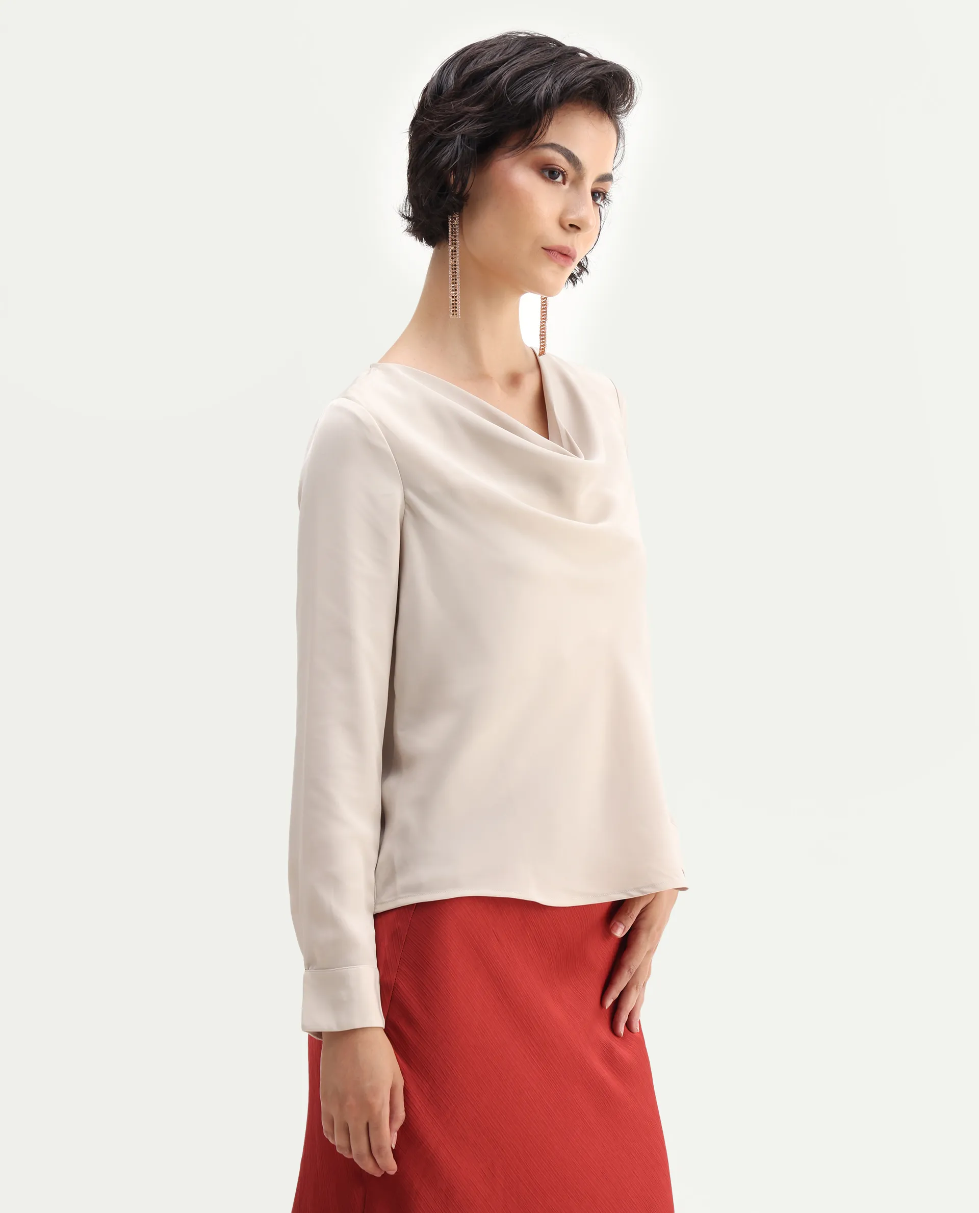 Rareism Women's Avier Beige Polyester Cowl Neck Regular Fit Plain Top - Image 7