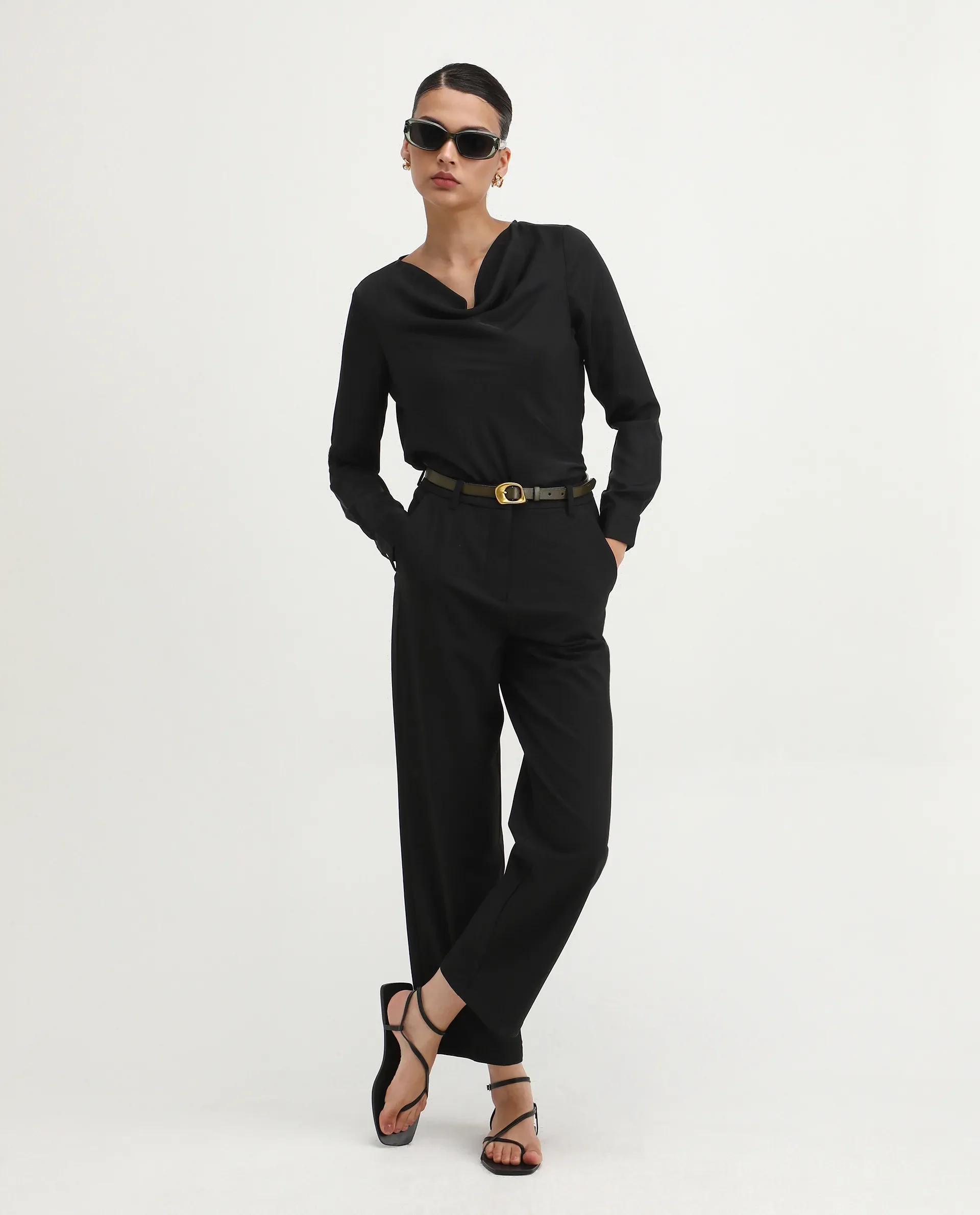Rareism Women's Avier Black Polyester Cowl Neck Regular Fit Plain Top - Image 2