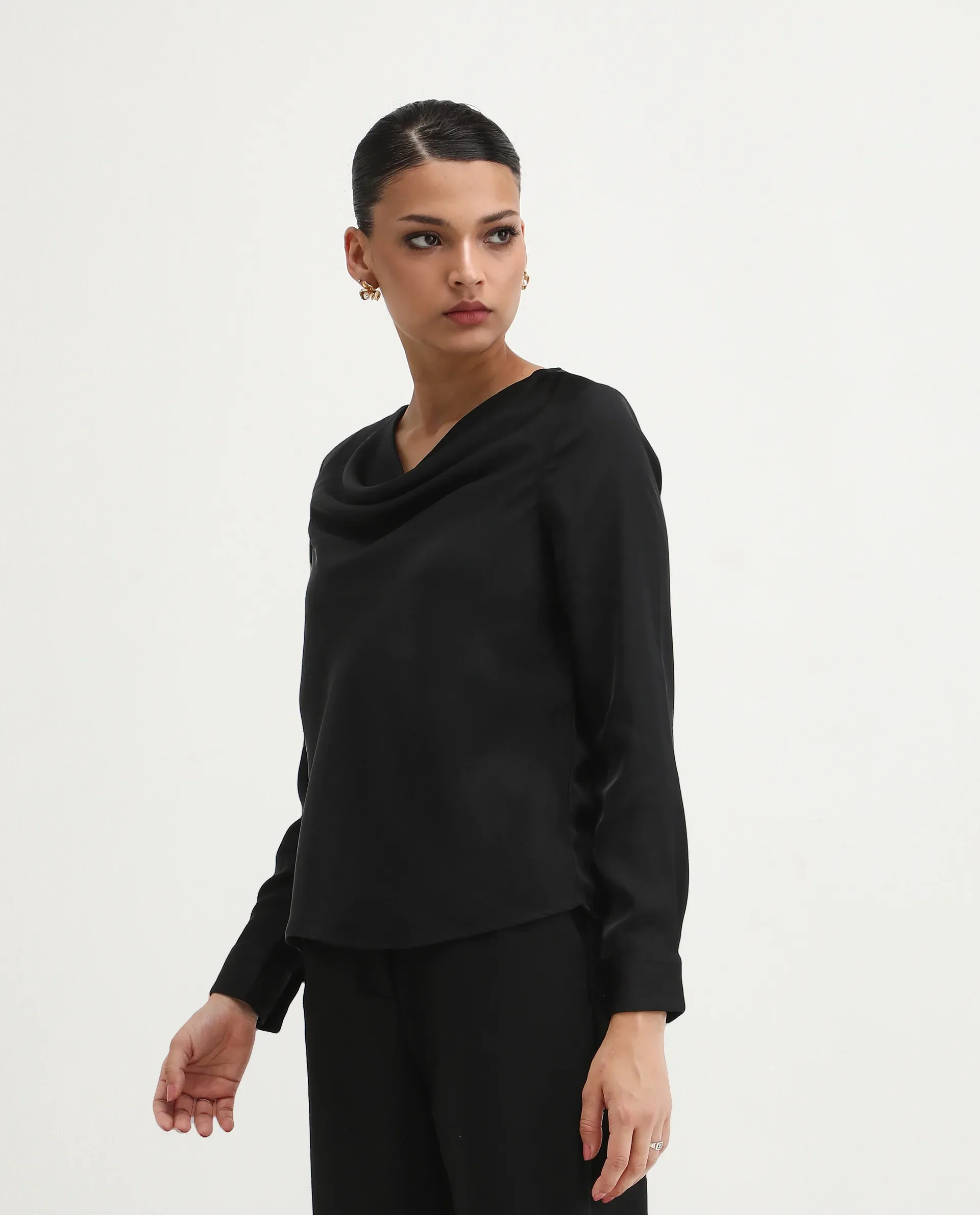 Rareism Women's Avier Black Polyester Cowl Neck Regular Fit Plain Top - Image 6