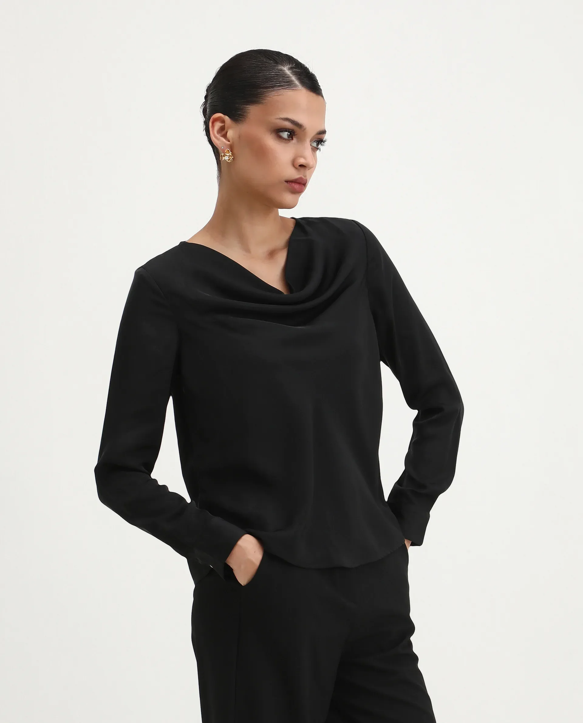 Rareism Women's Avier Black Polyester Cowl Neck Regular Fit Plain Top - Image 7
