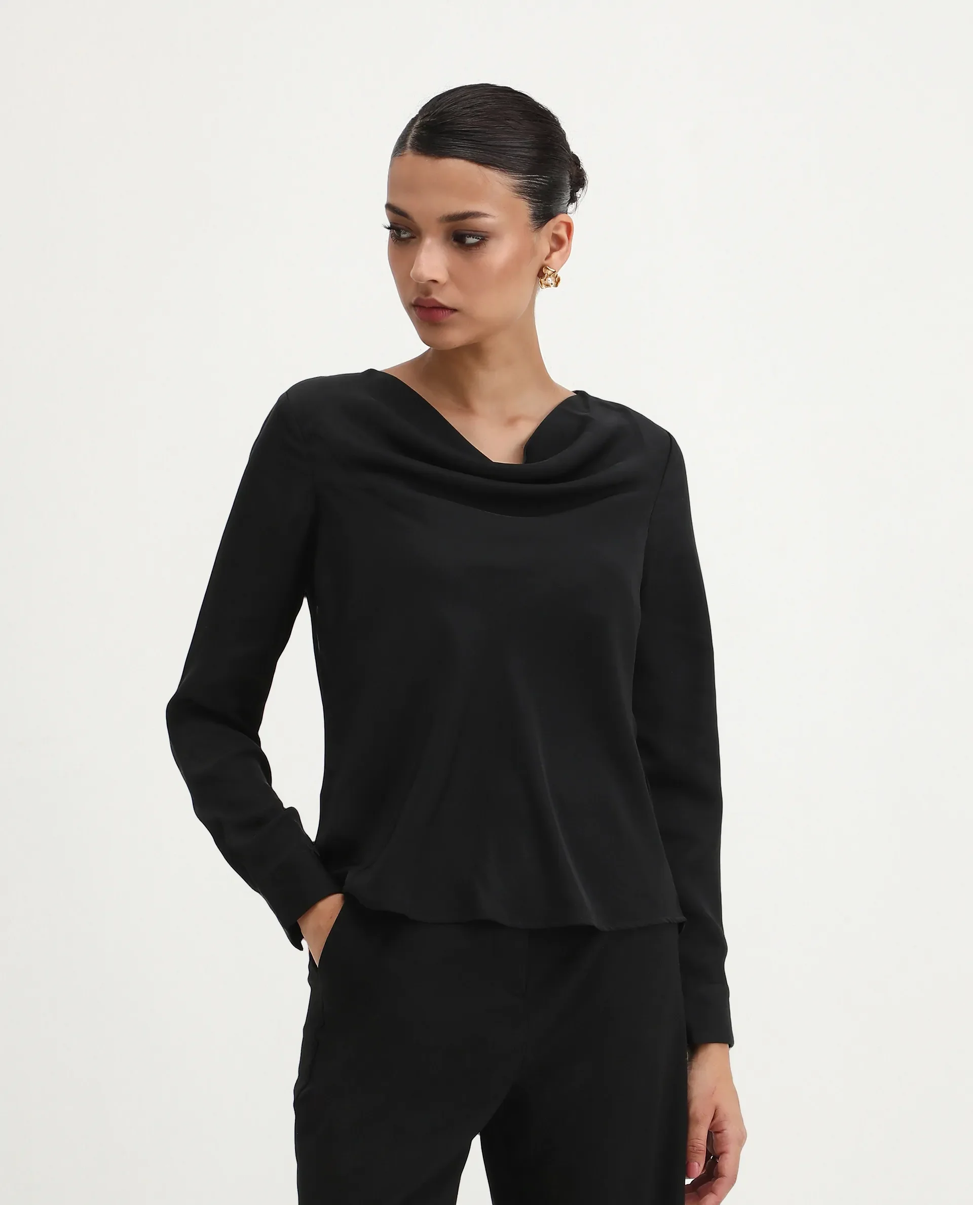 Rareism Women's Avier Black Polyester Cowl Neck Regular Fit Plain Top - Image 8