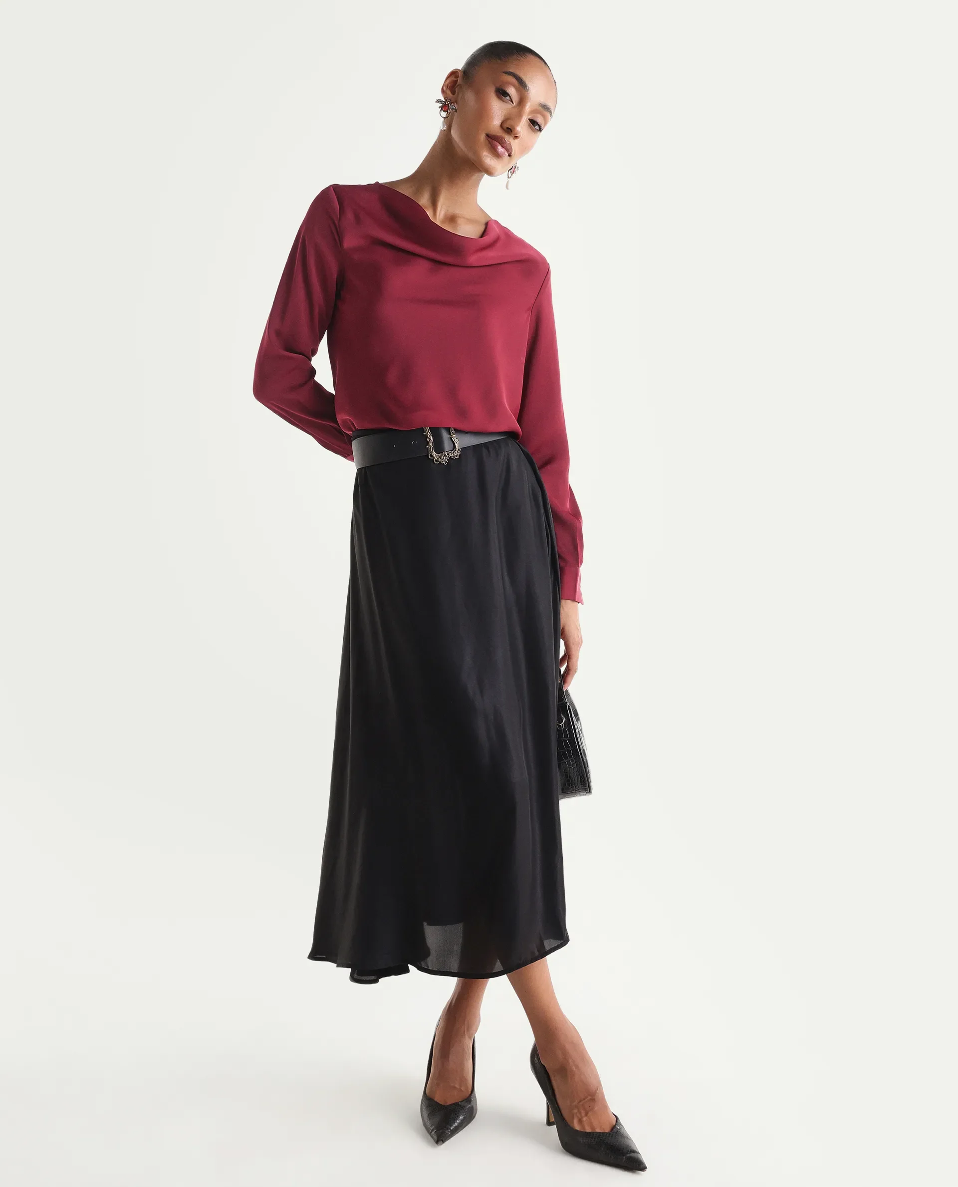 Rareism Women's Avier Dark Red Polyester Full Sleeve Cowl Neck Regular Fit Plain Top - Image 2